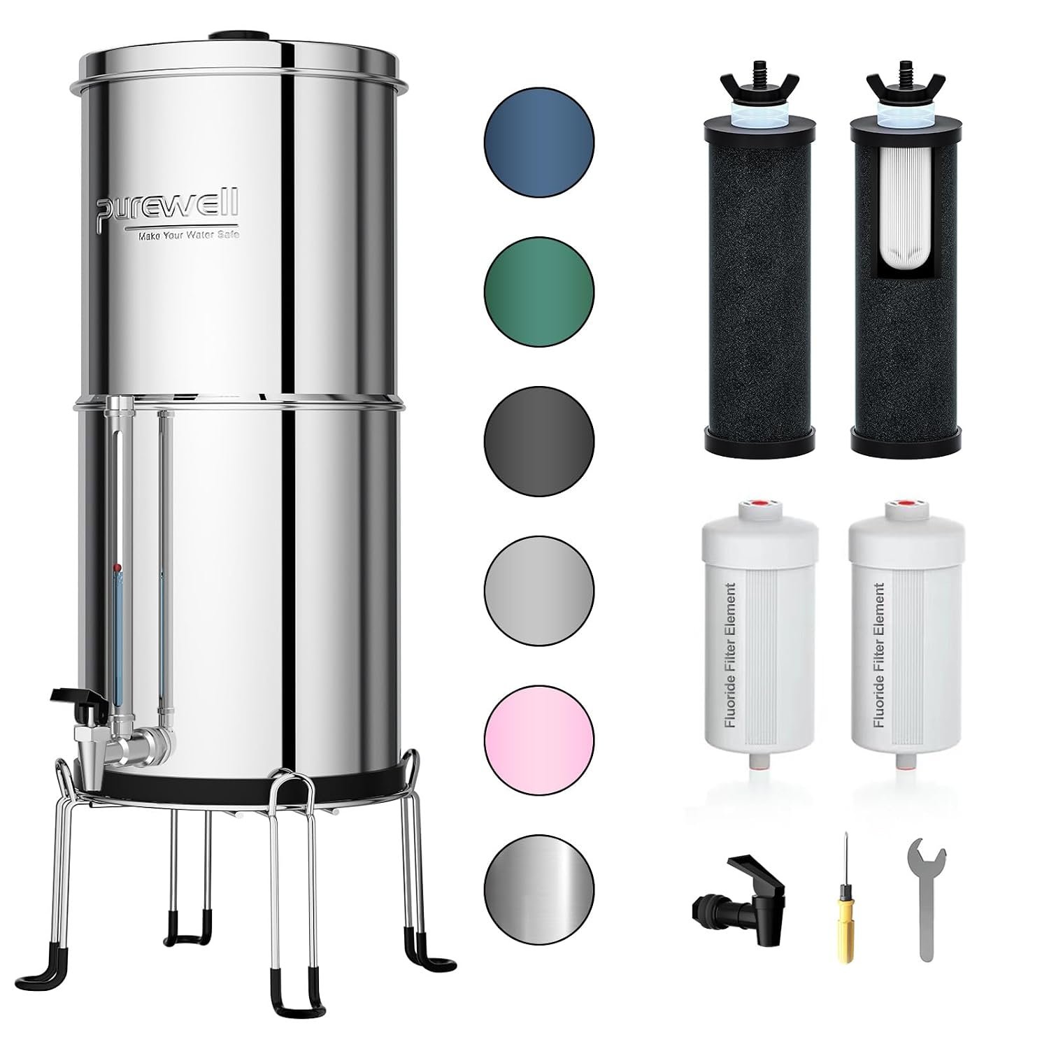 Purewell 8-Stage 0.01μm Ultra-Filtration Water Filter System, 304 Stainless Steel Countertop System with 4 Filters, Metal Water Level Spigot and Stand, Reduce Fluoride and Chlorine, 2.25G, PW-OB-CF