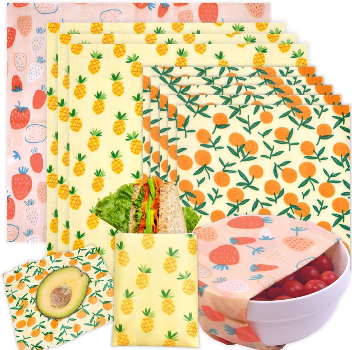 Reusable Beeswax Wrap – 9 Pack Beeswax Wraps for Food, Eco-Friendly Beeswax Food Wraps, Bread Sandwich Wrapper – Organic, Sustainable, Zero Waste, Reusable Plastic-Free Food Storage Wrap, 1XL, 3M, 5S