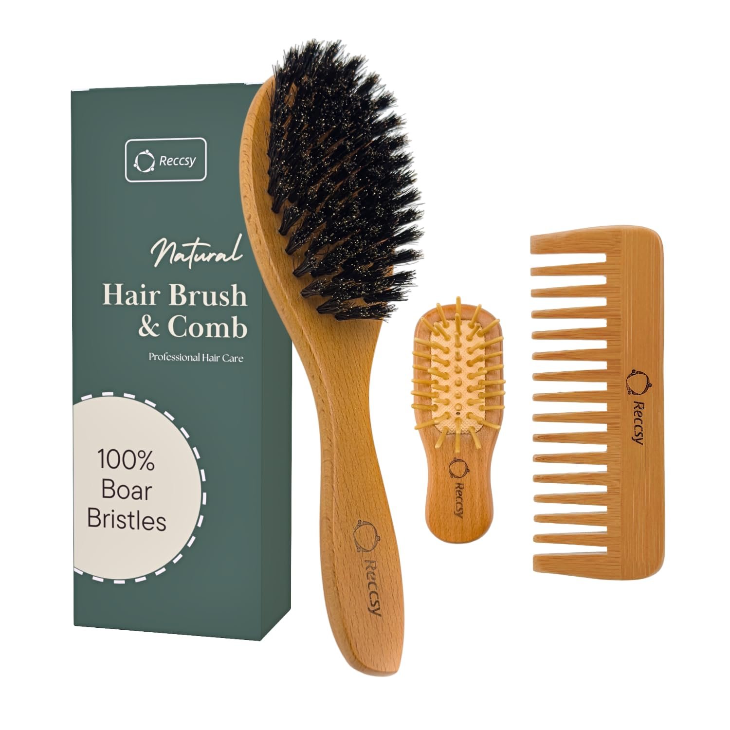 Reccsy 100% Boar Bristle Hair Brush Set with Bamboo Comb for Women
