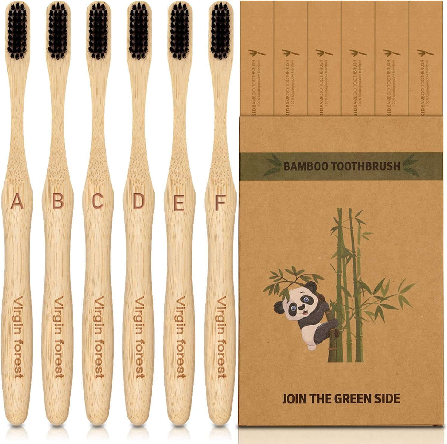 Virgin Forest Bamboo Toothbrushes 6pk, Charcoal Medium Soft BPA Free