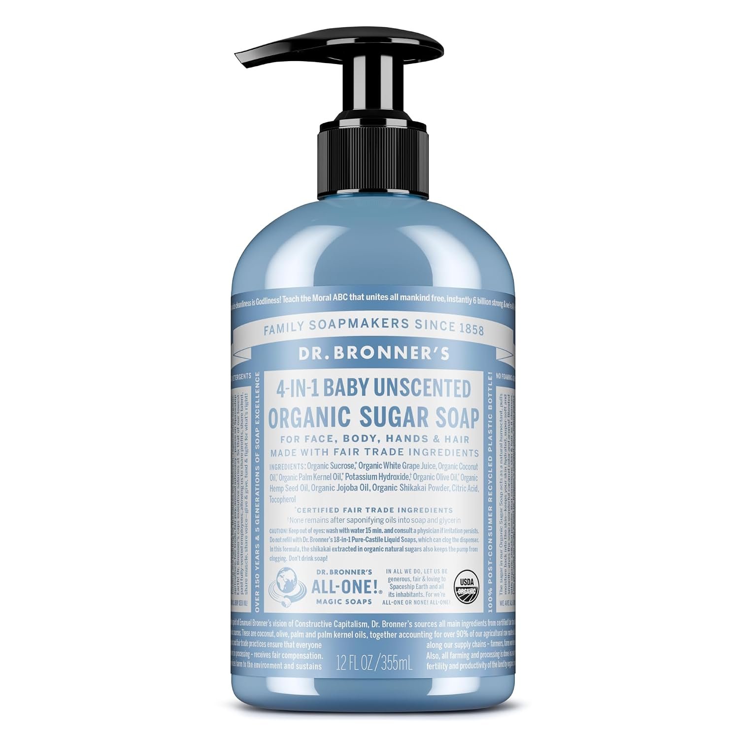Dr. Bronner’s Organic Sugar Soap (Baby Unscented, 12 Ounce) – Made with Regenerative Certified Organic Oils, Sugar & Shikakai Powder, 4-in-1 Use: Hands, Body, Face and Hair- Liquid Soap, Nourishes
