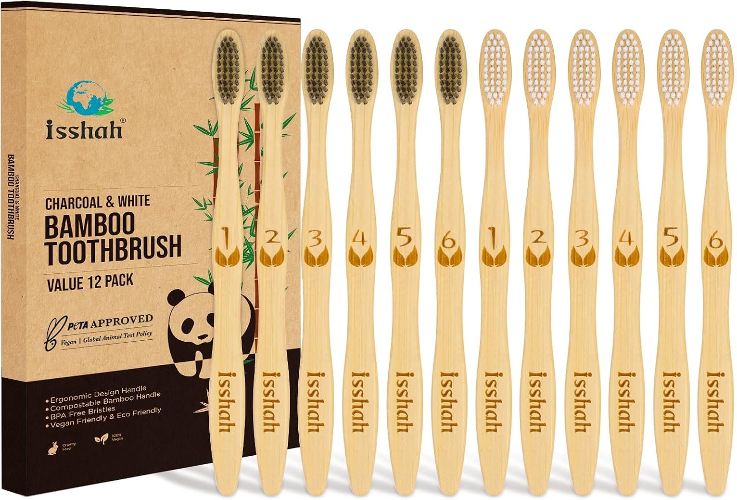 Isshah Biodegradable Bamboo Charcoal Toothbrush – 12 Pack – FSC Certified