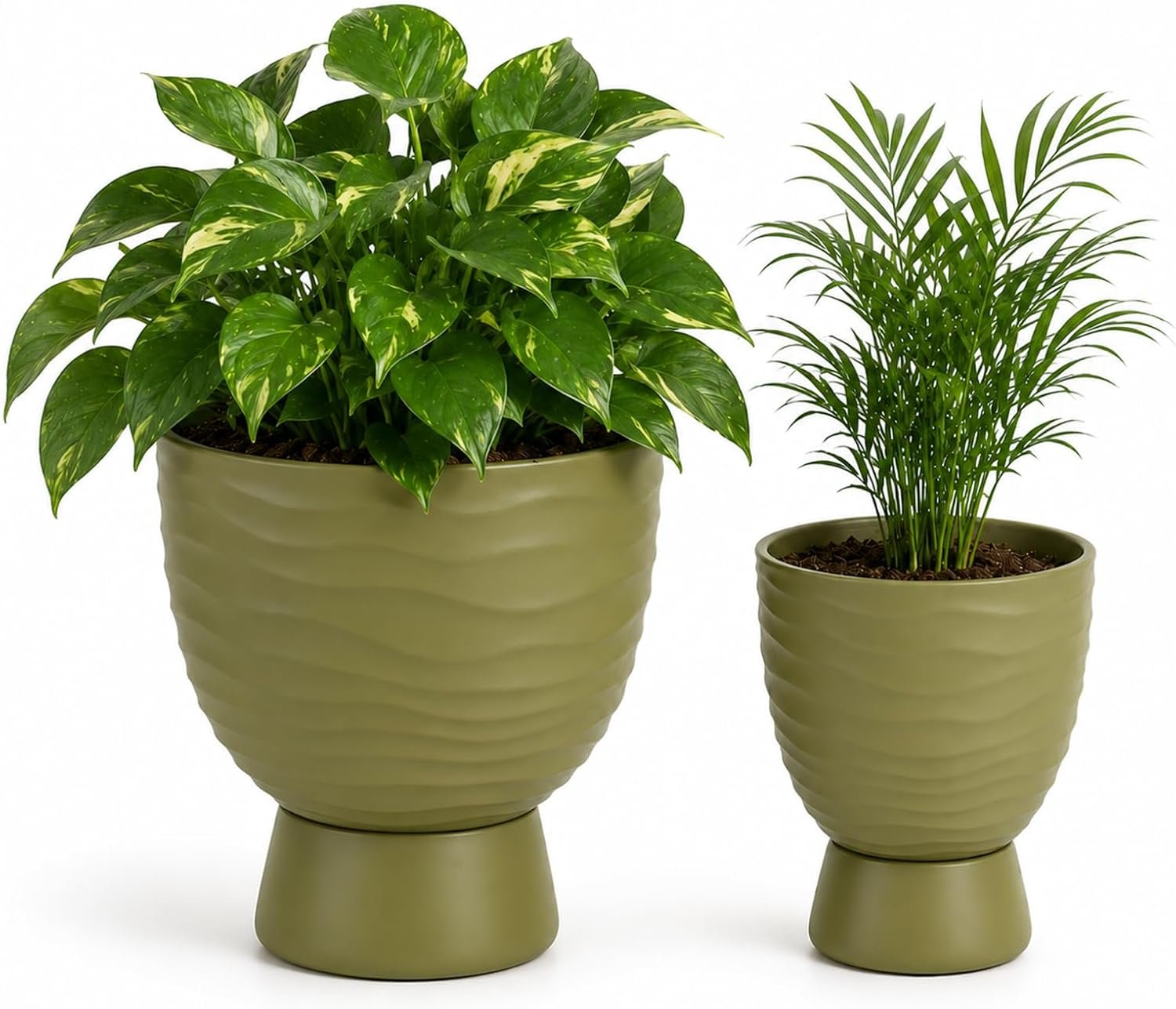 Green Terracotta Self Watering Plant Pots, 6 and 8 Inch with Saucers
