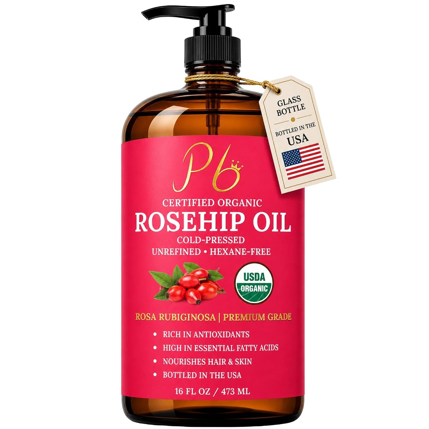 Rosehip Oil, 16 fl oz Amber Glass Bottle, Rosehip Oil for Face, Skin & Hair