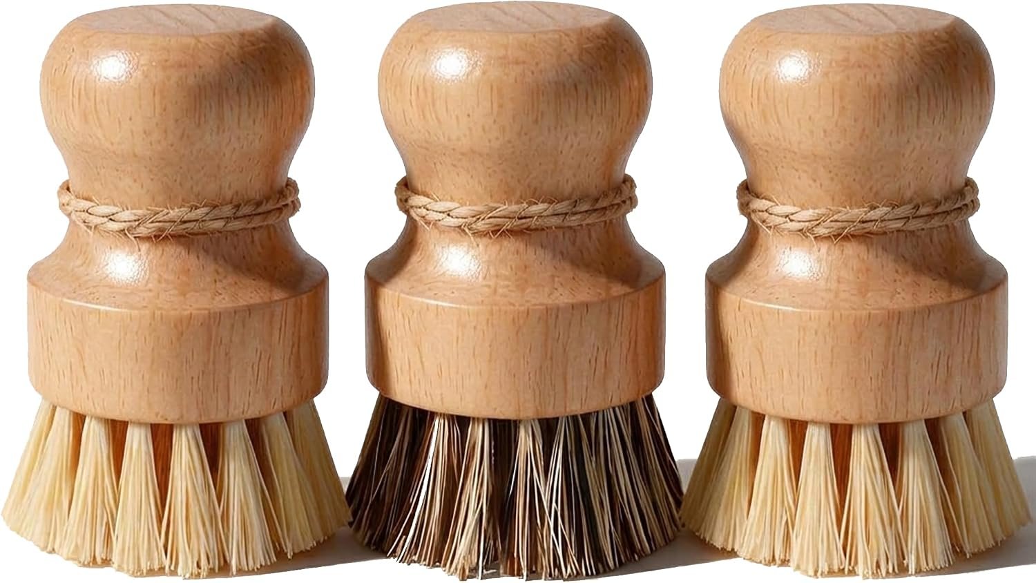 Wood Dish Brush, Natural Fiber Kitchen Scrubber with Ergonomic Grip, 3 Pack
