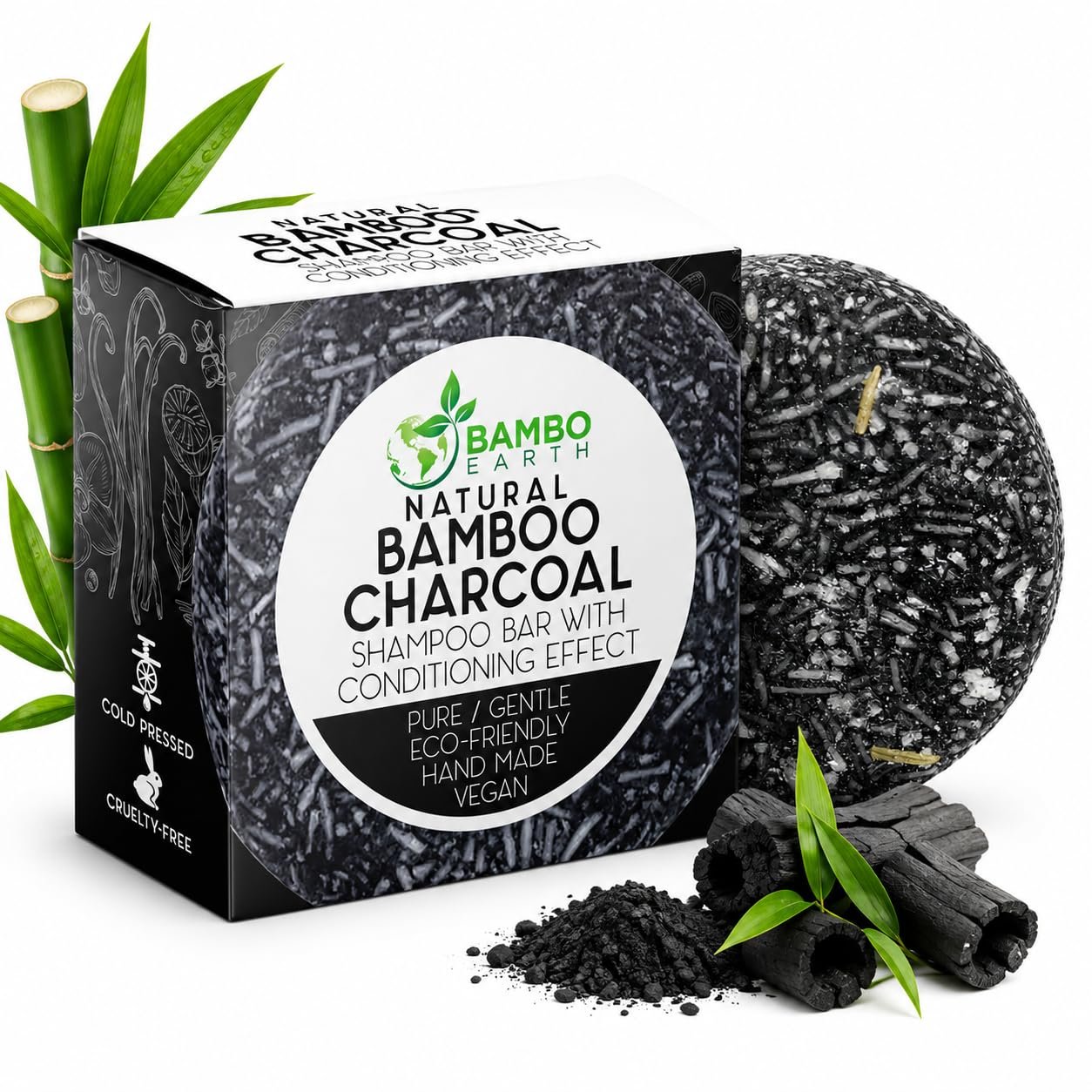 Solid Shampoo Bar And Conditioner Effect Hair Soap – 100% Organic Shampoo Bars For Hair With All Natural Plant Based Essential Oils And Zero Waste Biodegradable Packaging (Bamboo Charcoal)