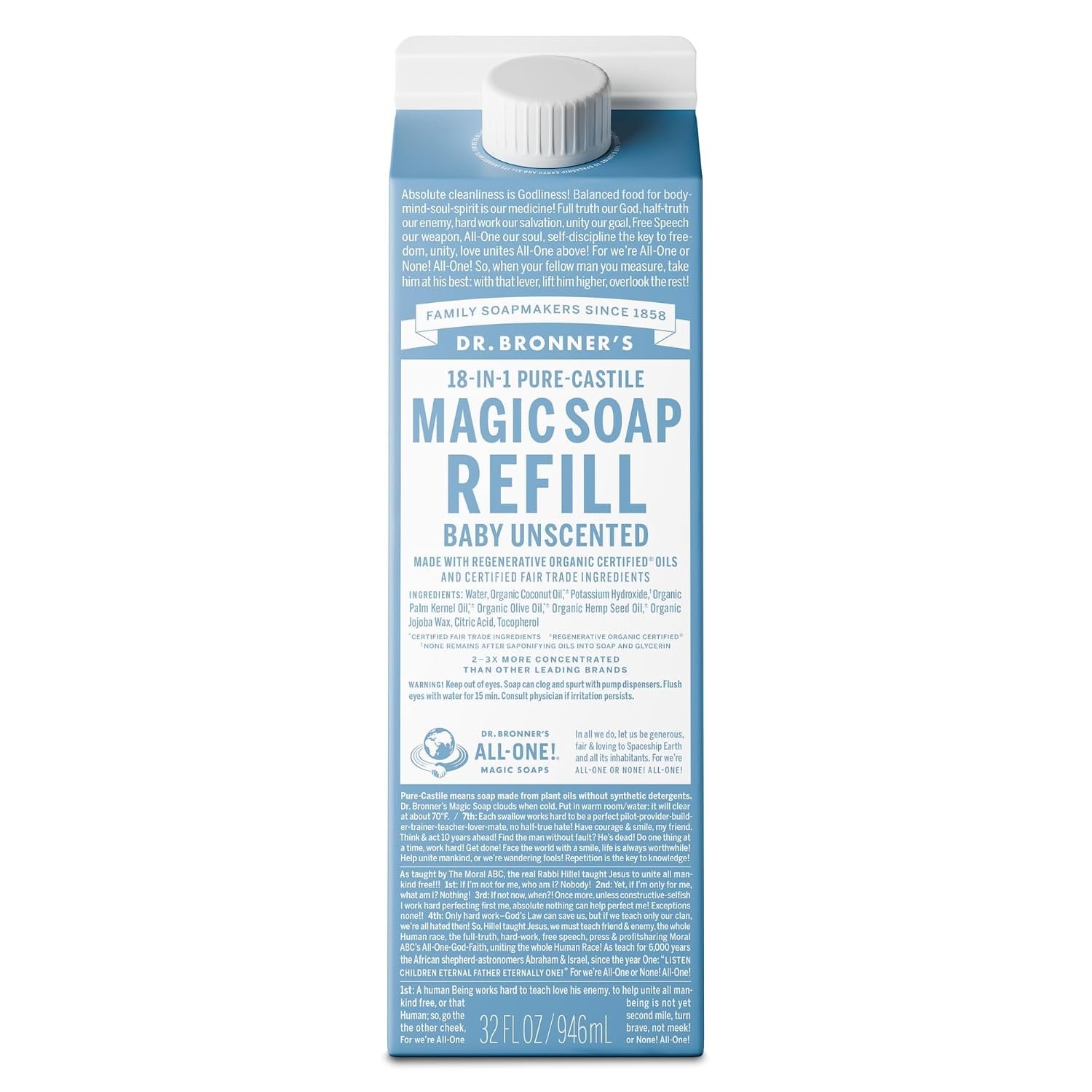 Dr. Bronner’s Pure-Castile Liquid Soap Refill – Made with Regenerative Organic Certified Oils, 86% Less Plastic – 18-in-1 Uses, For Face, Body Wash, Hand Soap Refill & More – Baby Unscented, 32oz