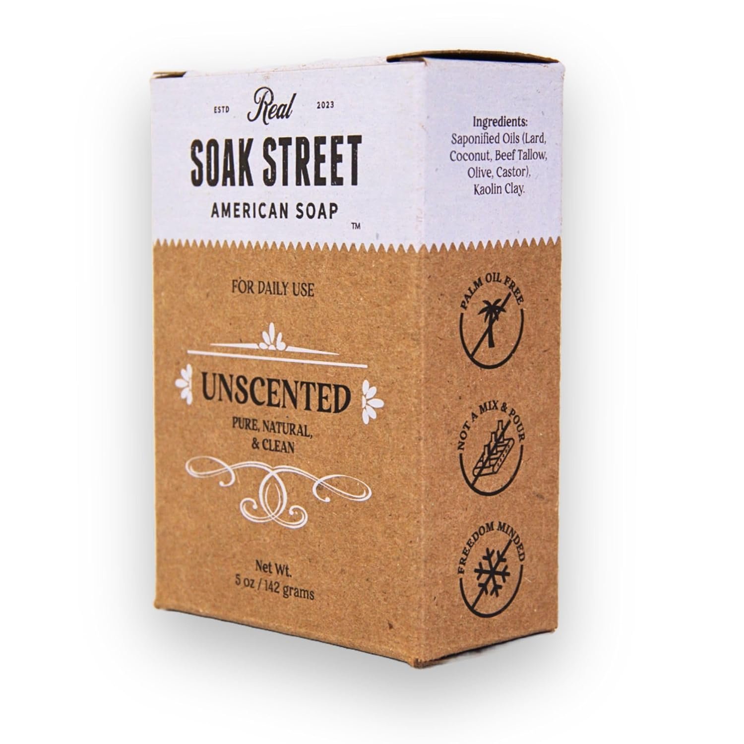 Real American Soap, Clean & Unscented (Single 5oz Bar) – Long-Lasting, Moisturizing Natural Bar Soap with Grass-Fed Tallow, Gentle Lard, & Coconut Oil for All Skin Types & Daily Use (1)