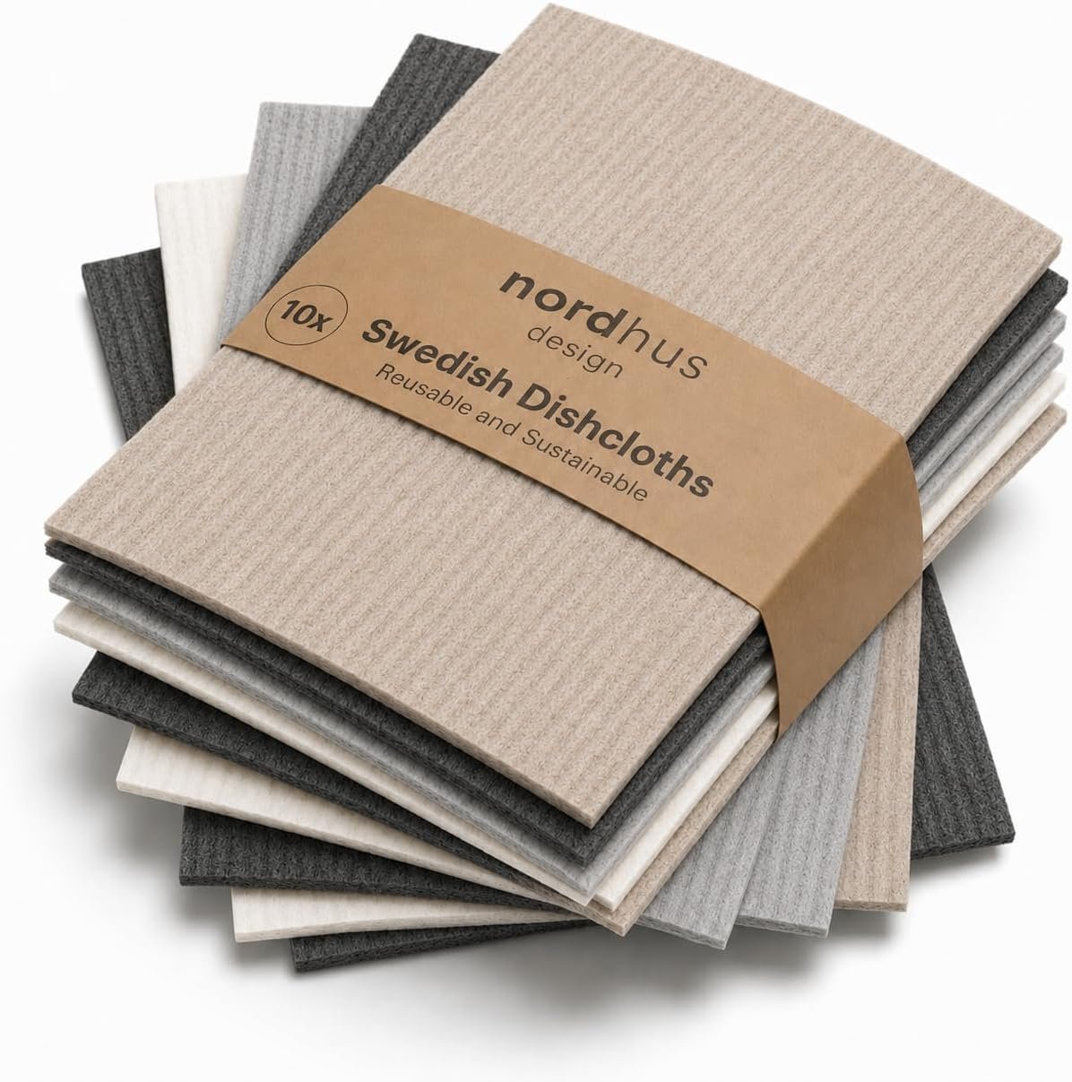 Nordhus Design Swedish Dishcloths, Dark Gray, Grey, White, Beige 10-Pack, Reusable, Washable Cellulose Cotton Kitchen Cloths – Replace Paper Towels, Wipes, Sponges, Dish Rags