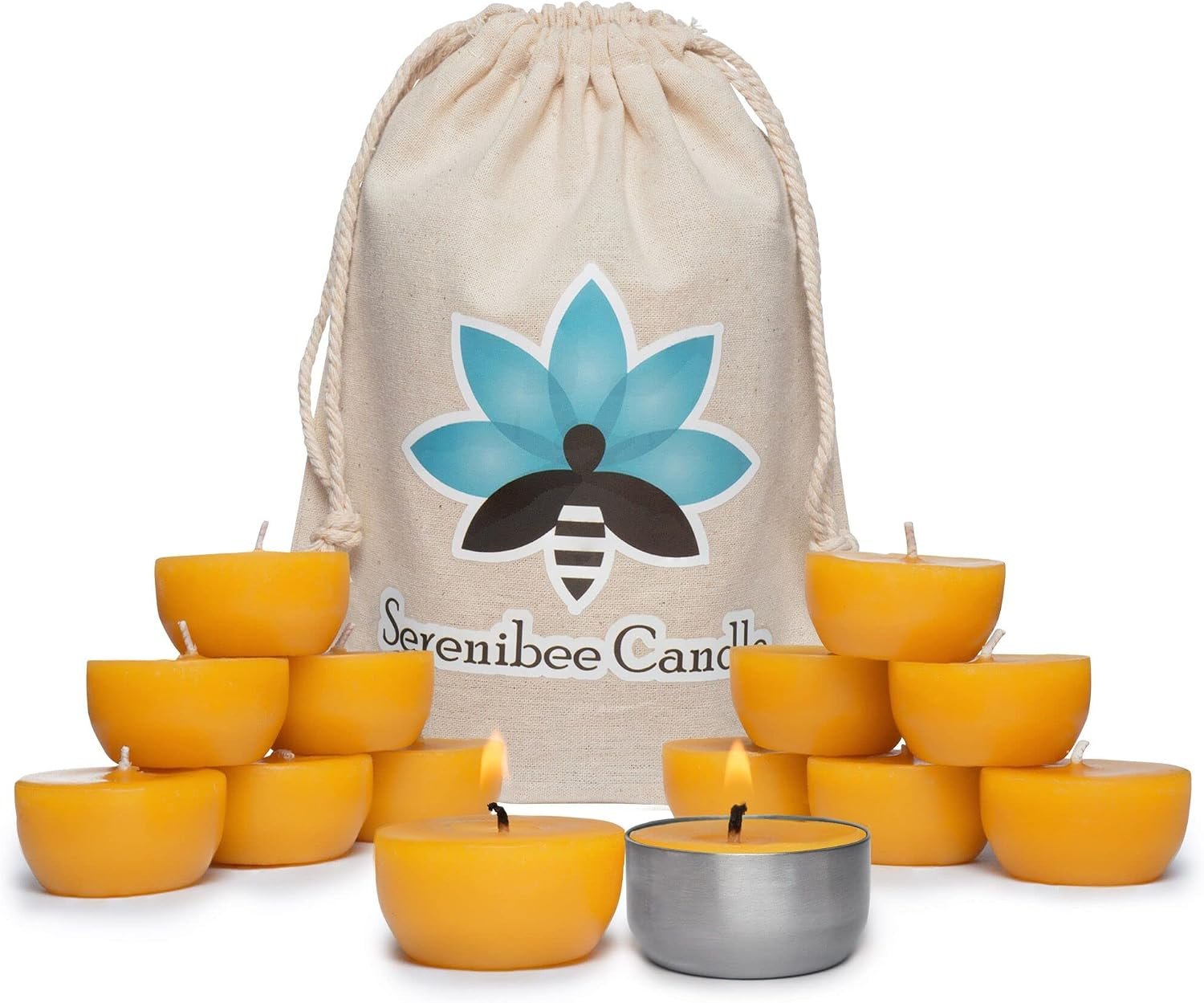 Serenibee Tea Light Candles – 100% Pure Beeswax Candles with one Custom Reusable Sturdy Steel Candle Holder and Reusable Cotton Bag Eco Friendly Gift Set(12 & 24)