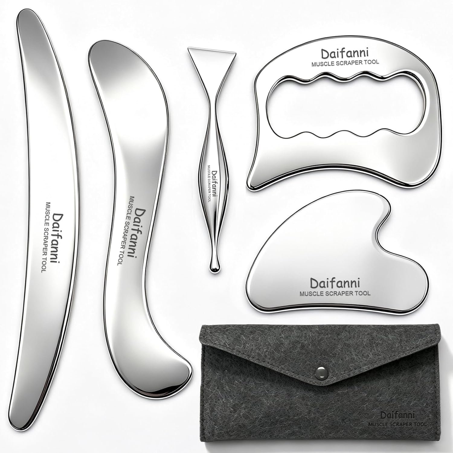 304 Stainless Steel Gua Sha Tool Set,5 in 1 Scraping Massage Kit, Facial & Body Muscle Scraper Tool with Storage Pouch for Muscle Pain Relief, Lymphatic Drainage, Home Self Care