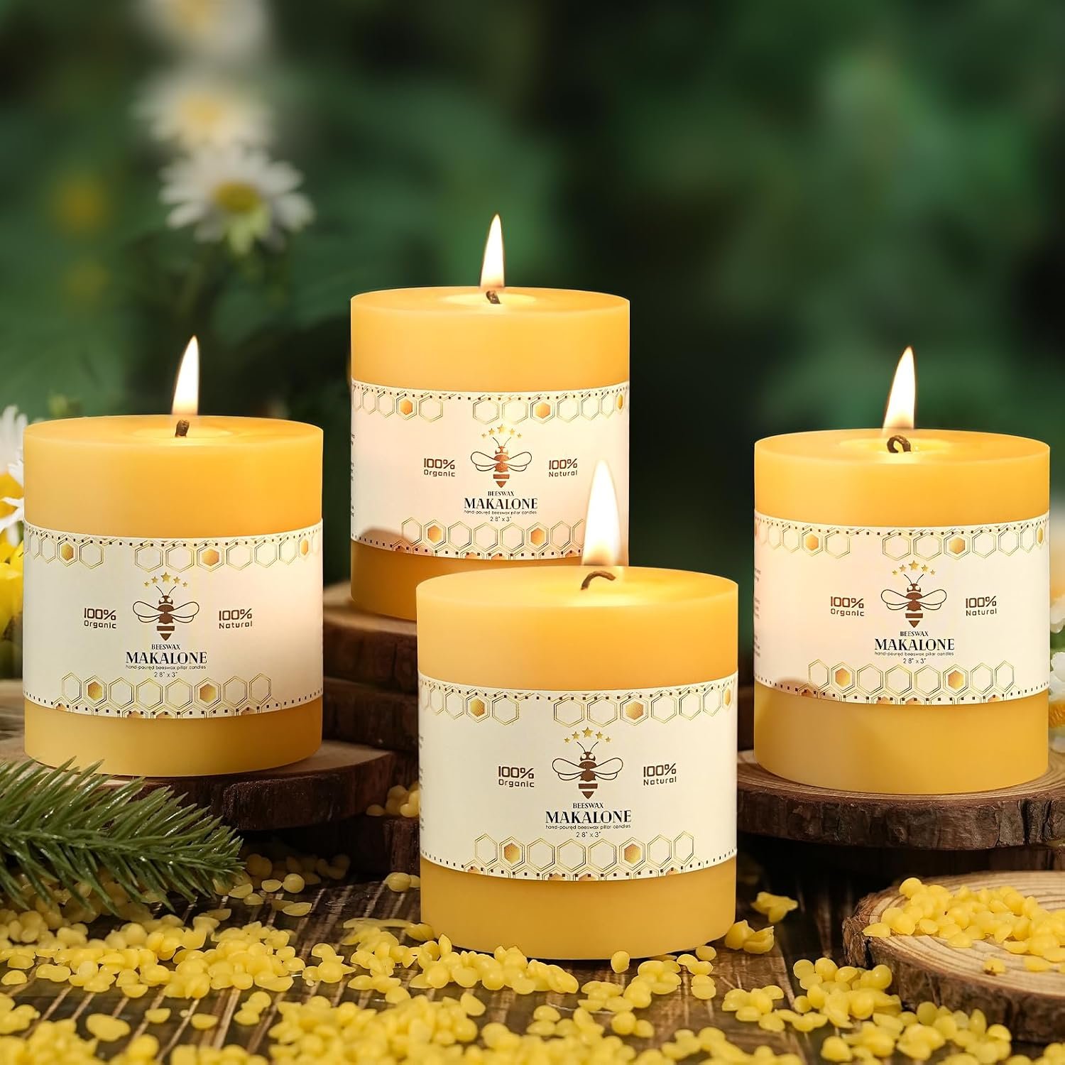 100% Beeswax Pillar Candles,Non Toxic,2.8×3 inch,4 Pack,180 H Long Burn