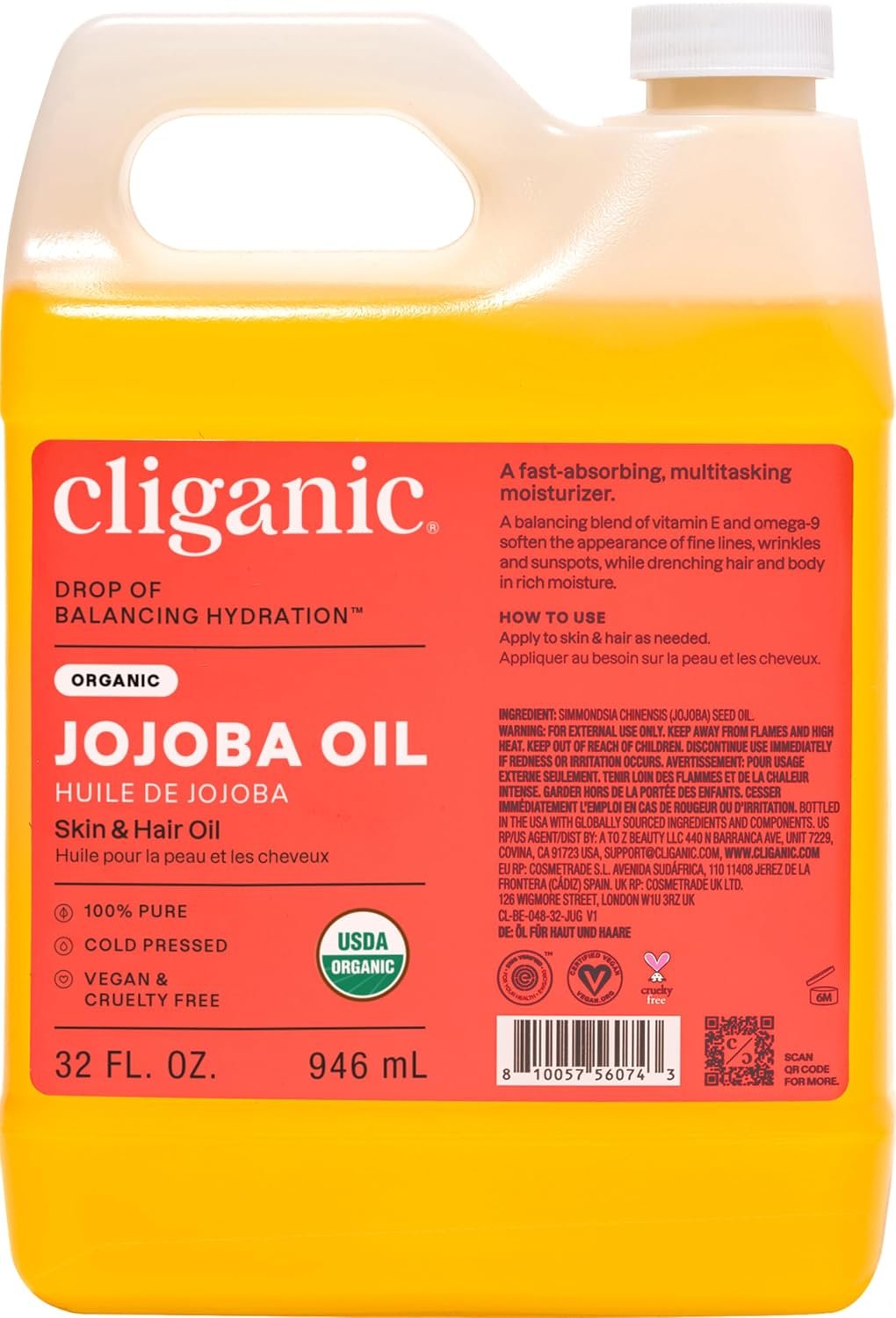 Cliganic Organic Jojoba Oil, 100% Pure Cold Pressed for Face & Hair, 32oz
