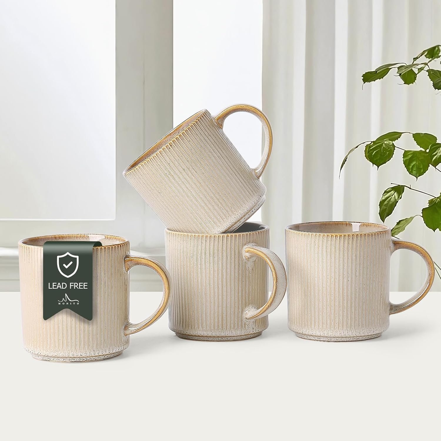 MONITO 16Oz Coffee Mugs Set of 4, Rustic Ceramic Coffee Cup Set with Handle