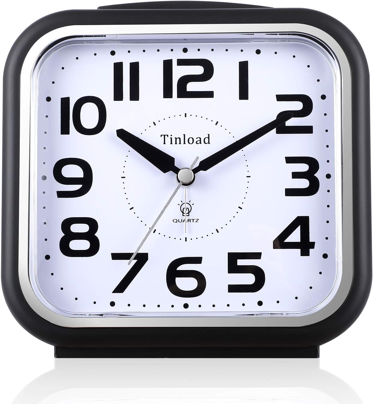 Tinload 5.5″ Large Analog Alarm Clock Silent Non Ticking, Gentle Wake, Beep Sounds, Increasing Volume, Battery Operated Snooze and Manual Light, Easy Set, Black (Best for Elder)