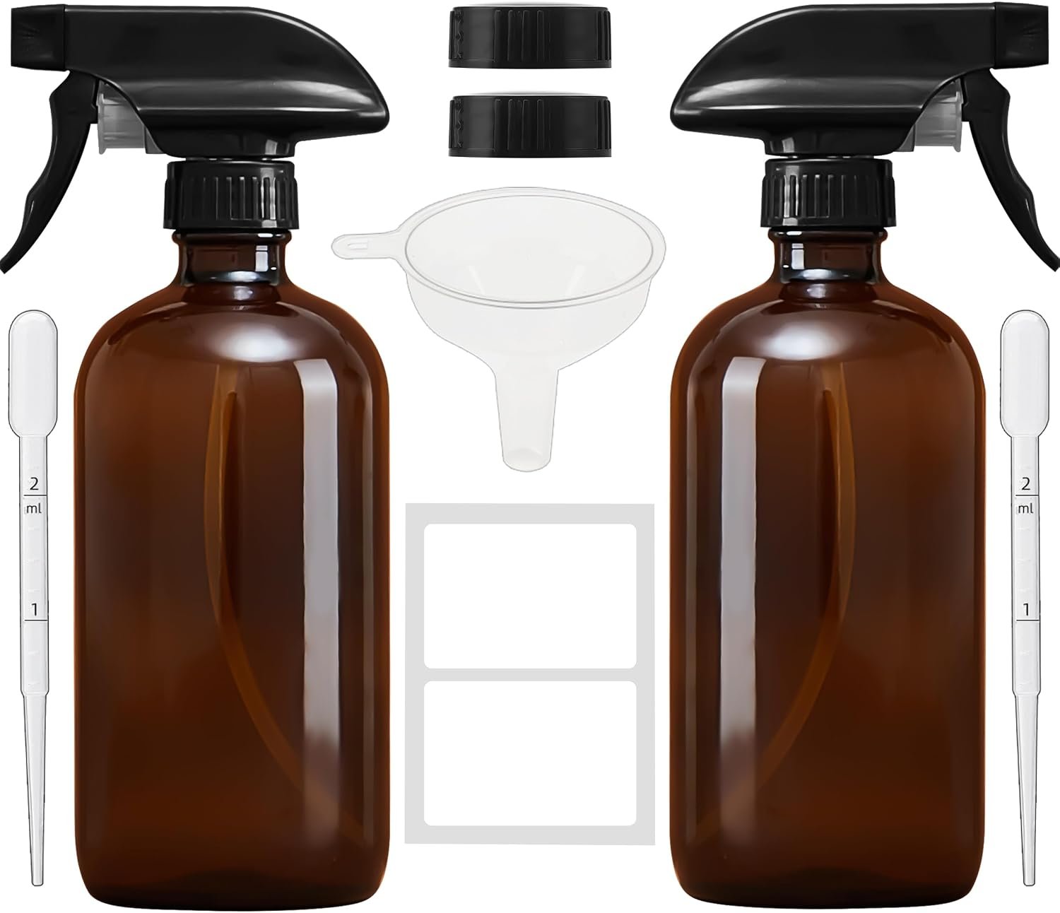 Amber Glass Spray Bottles 16 oz, Adjustable Nozzle, 2 Pack