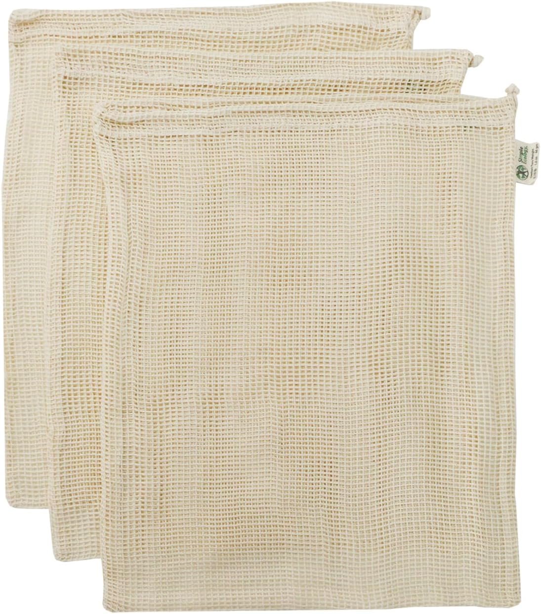 Simple Ecology Reusable Produce Shopping and Storage Bags, Drawstring, Washable Organic Cotton Mesh, X Large 3 pack
