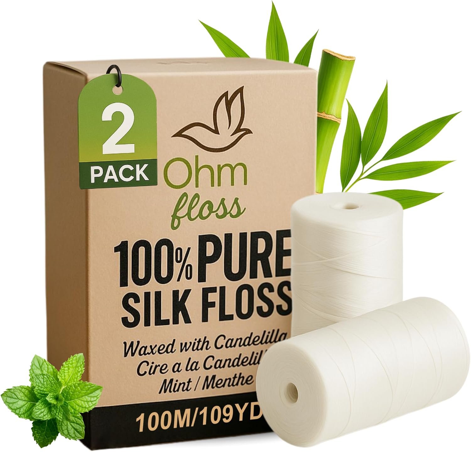 OHM Floss Natural Silk Dental Floss Refill, Plastic-Free & Non-Toxic, Naturally Waxed with Candelilla,100% Biodegradable & Compostable, 109 YD/100m Eco Friendly Oral Care Natural Mint (2 Pack)