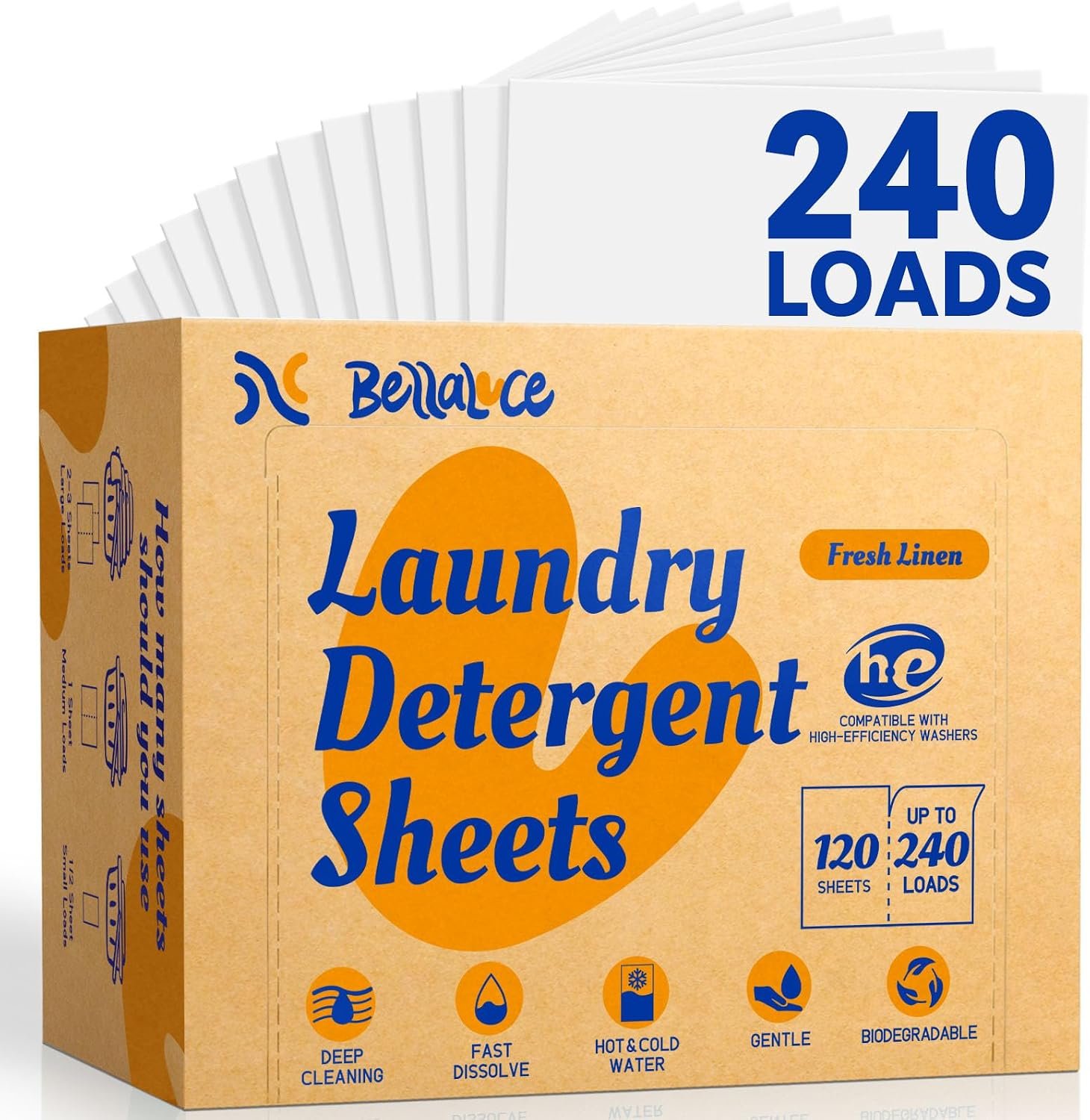 BellaLuce Laundry Detergent Sheets, Fresh Linen Scent, 240 Loads