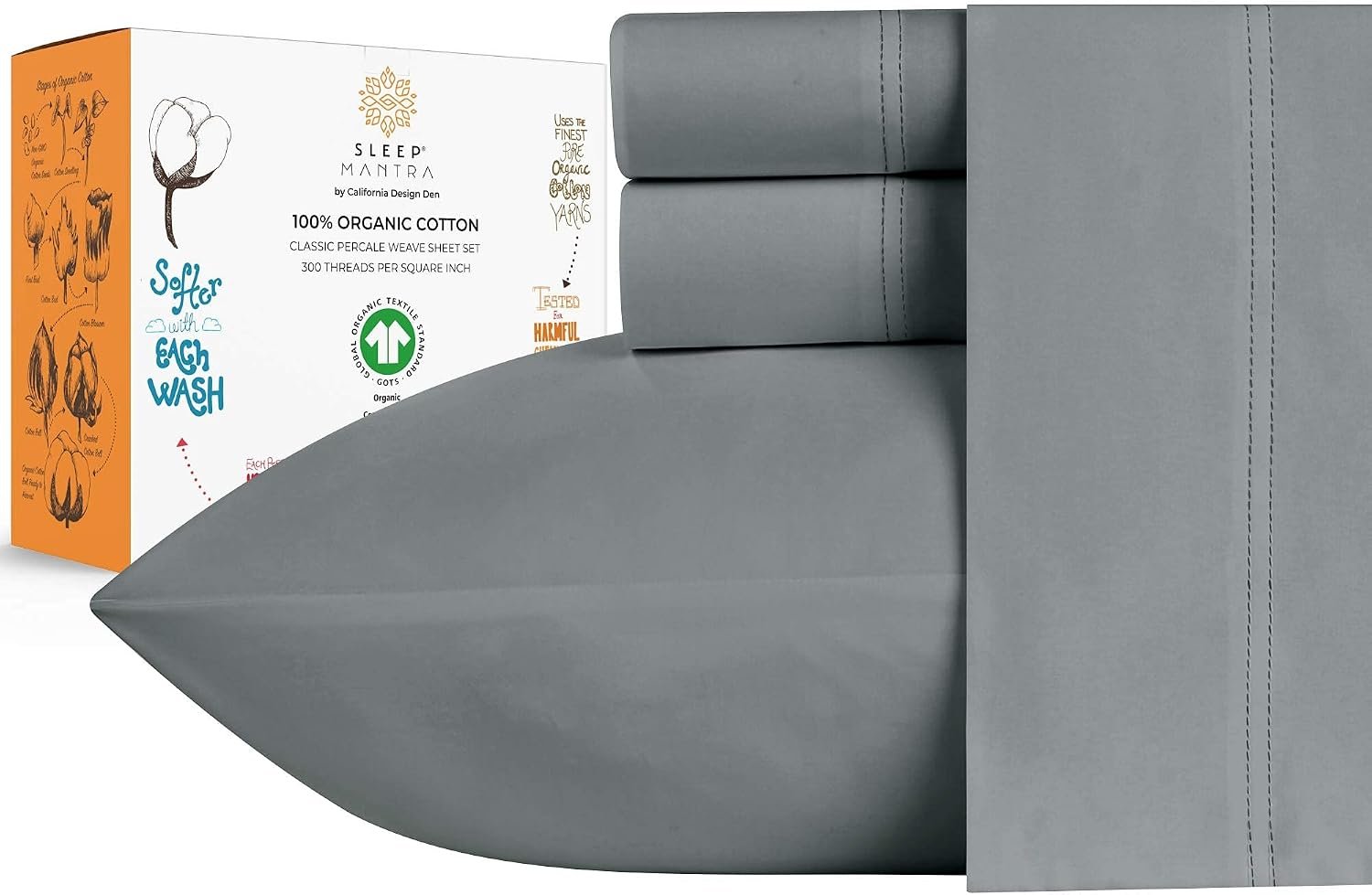 Sleep Mantra Premium 100% Organic Cotton Queen Bed Sheet Set – Soft & Cooling Percale Weave – 4 Piece Bedding Set with Deep Pocket – GOTS Certified – Breathable & Eco-Friendly (Queen, Dark Gray)