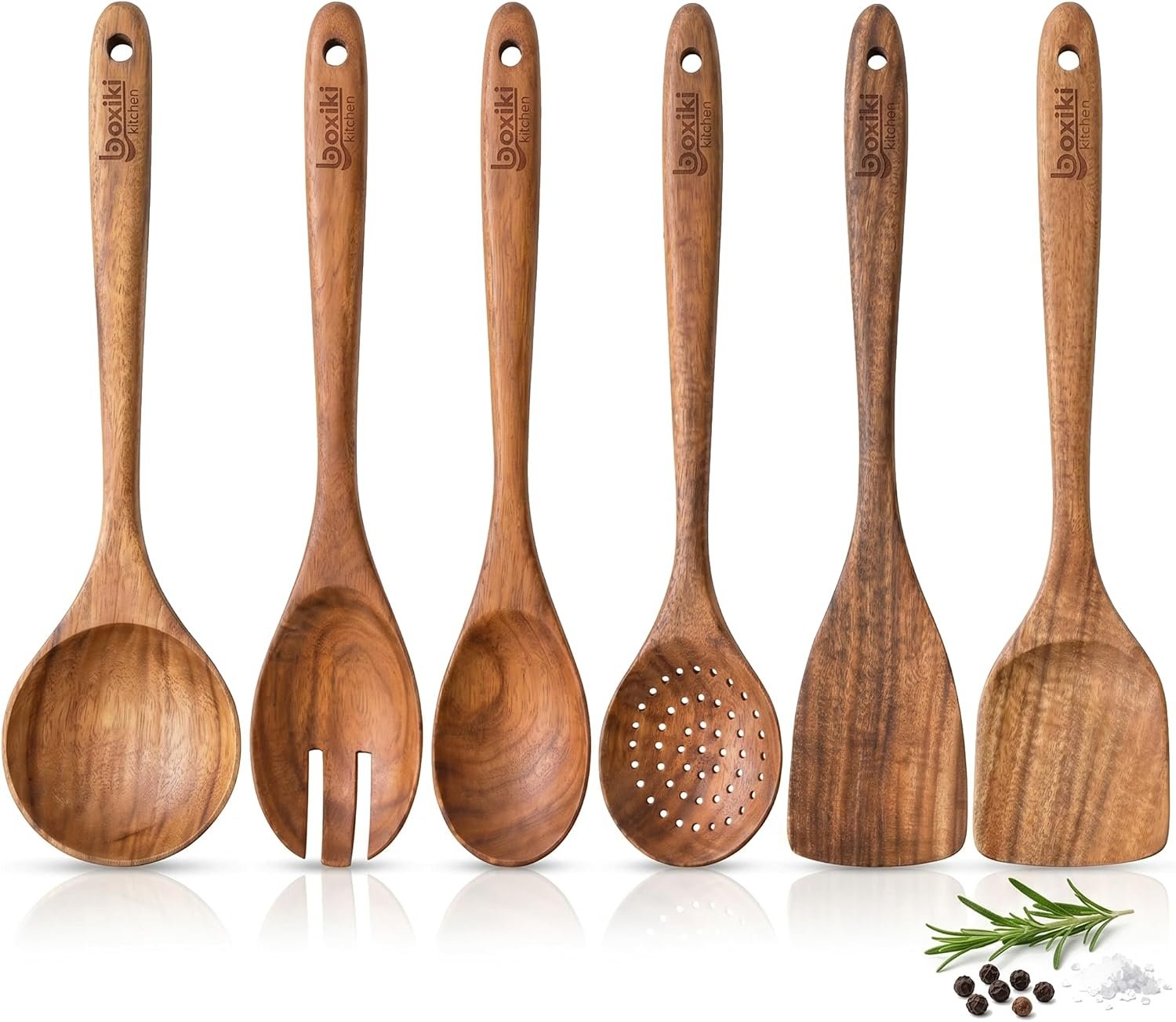 Boxiki Kitchen Luxury Teak Wood Utensil Set – Elegant 6-Piece Cooking Ensemble Including Spoons, Server, Scraper & Spatula – Expertly Crafted for Culinary Excellence