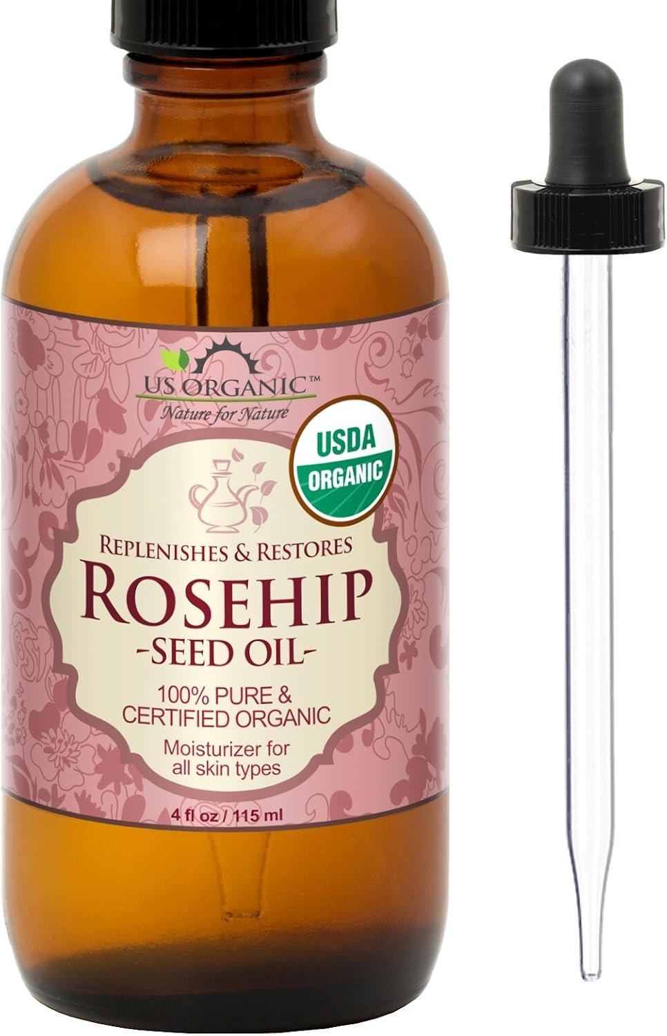 US Organic Rosehip Seed Oil, USDA Certified Organic, Cold Pressed, Virgin Organic, Amber Glass Bottle and Glass Eyedropper for Easy Application – 4 oz (115 ml)