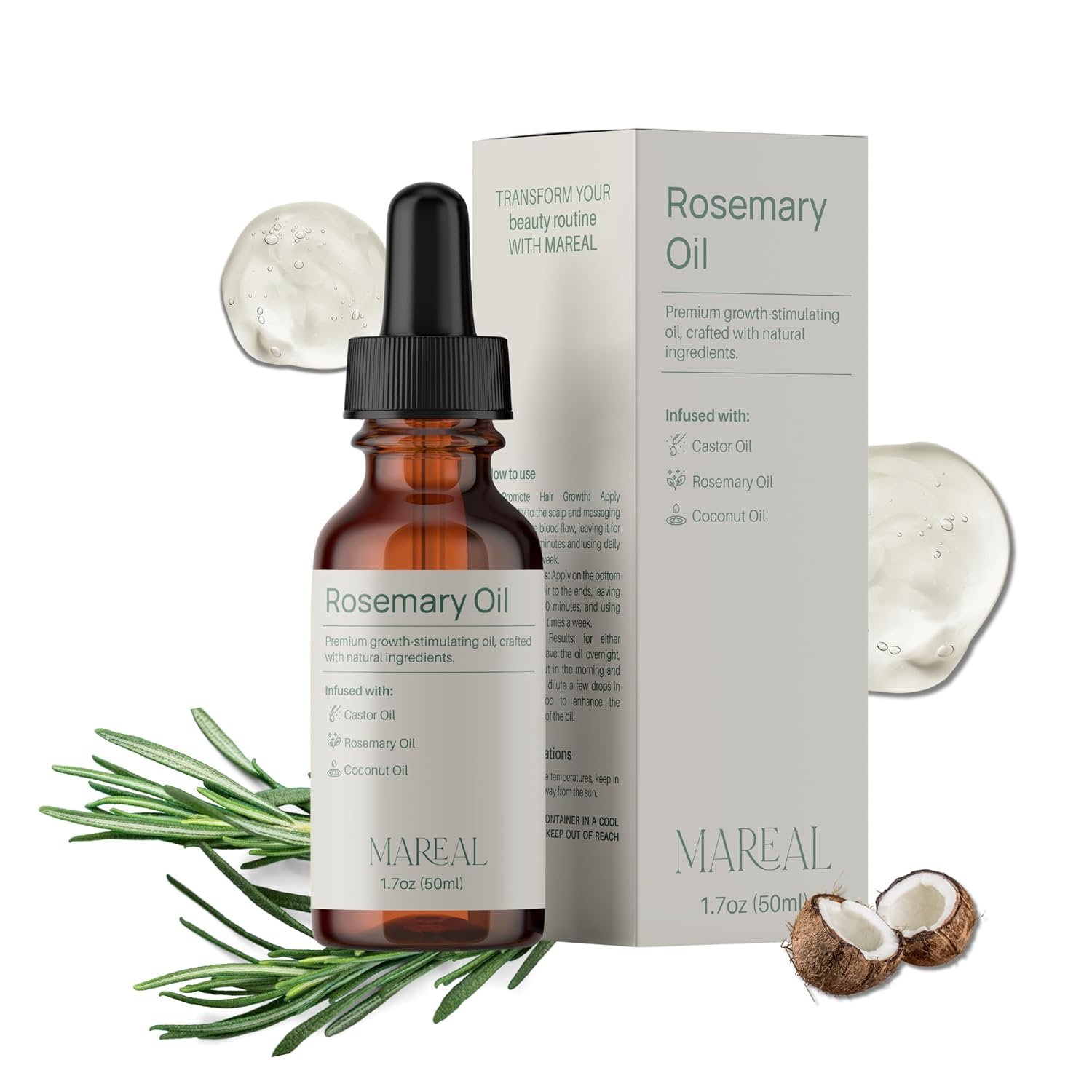 Pure Rosemary Oil for Hair Growth & Scalp Health | Infused with Castor & Coconut Oil | Hair Thickening & Regrowth Treatment for Women & Men | 100% Natural | Up to 3-Month Supply | 1.7 fl oz