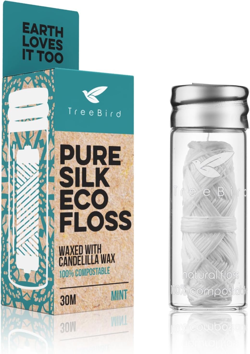 TreeBird Pure Silk Eco Floss | 33yd Silk Dental Floss Spool in a Refillable Glass Dispenser | Waxed with Candelilla Wax | Mint