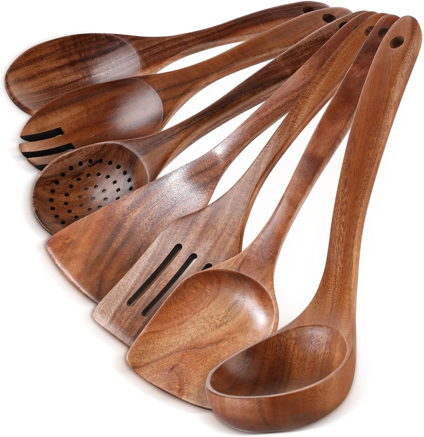 Wooden Spoons for Cooking – 7 Pieces Wooden Kitchen Utensils Set, Smooth Natural Teak Wood Utensil Set, Nonstick Heat-Resistant Cooking Utensils – Lightweight & Sturdy, Wooden Spatula for Cooking