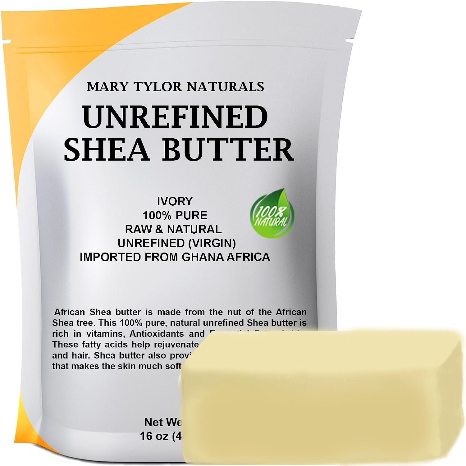 Mary Tylor Naturals Pure Shea Butter 1 lb Raw, Unrefined, Ivory From Ghana Africa — Great for Hair, Skin and all your DIY Projects