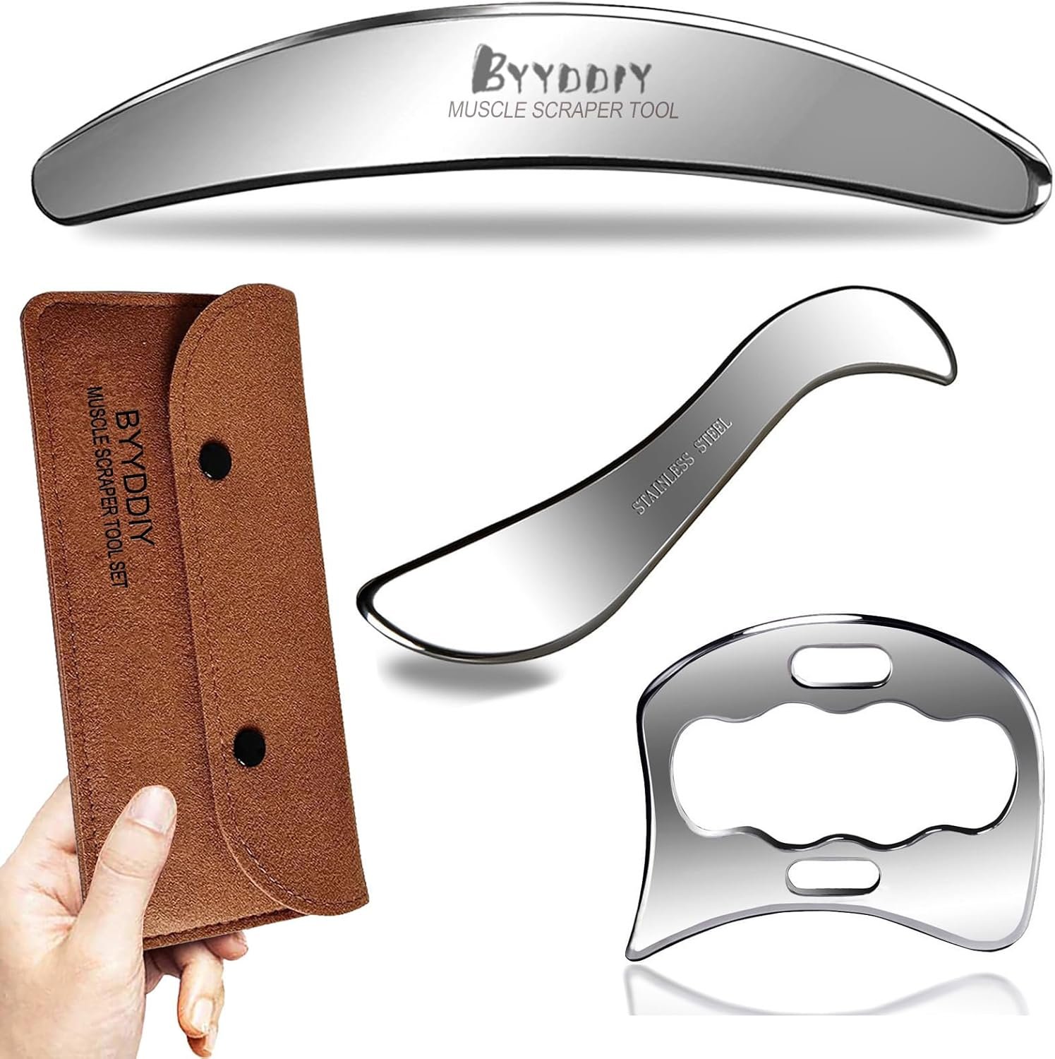 BYYDDIY Non-Magnetic 3 in 1 Stainless Steel-304 Muscle Scraper Tools Set,Scraping Massage Tools for Physical Therapy,Derma Edge & GuaSha Massage Scraper Tool