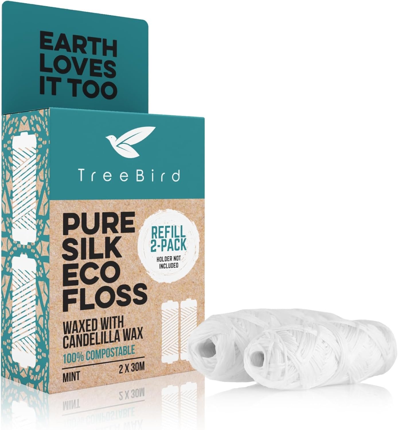 TreeBird Pure Silk Eco Floss Refills | Pack of 2 x 33yd Silk Dental Floss Spools | Waxed with Candelilla Wax | Mint