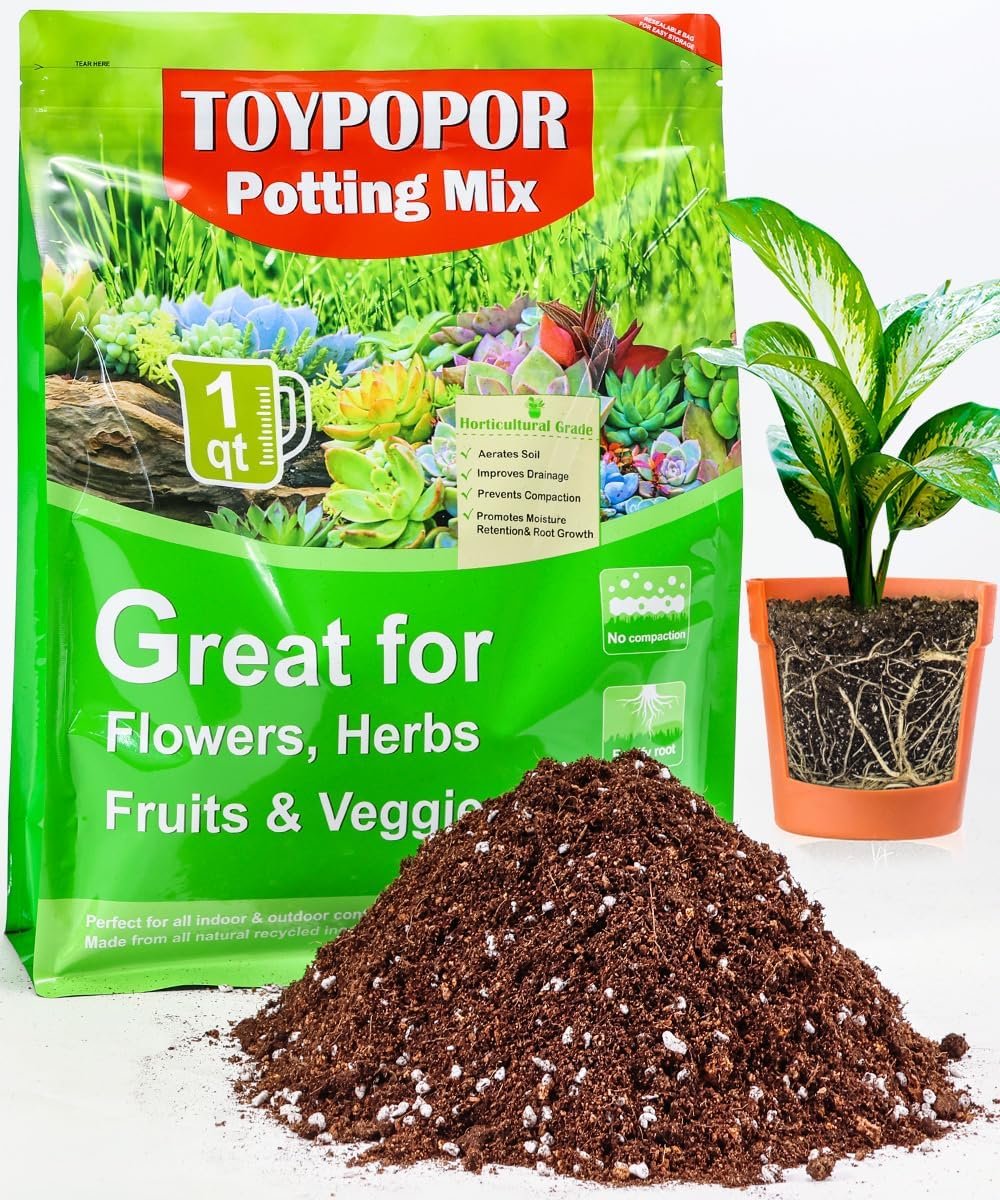 TOYPOPOR Potting Soil for All Indoor Houseplants, Contains Perlite, Peat Moss, Coco Coir and Rice Charcoal, Well Draining Potting Mix Light, Aerated Texture for Healthy Plant Roots and Fast Growth 1qt