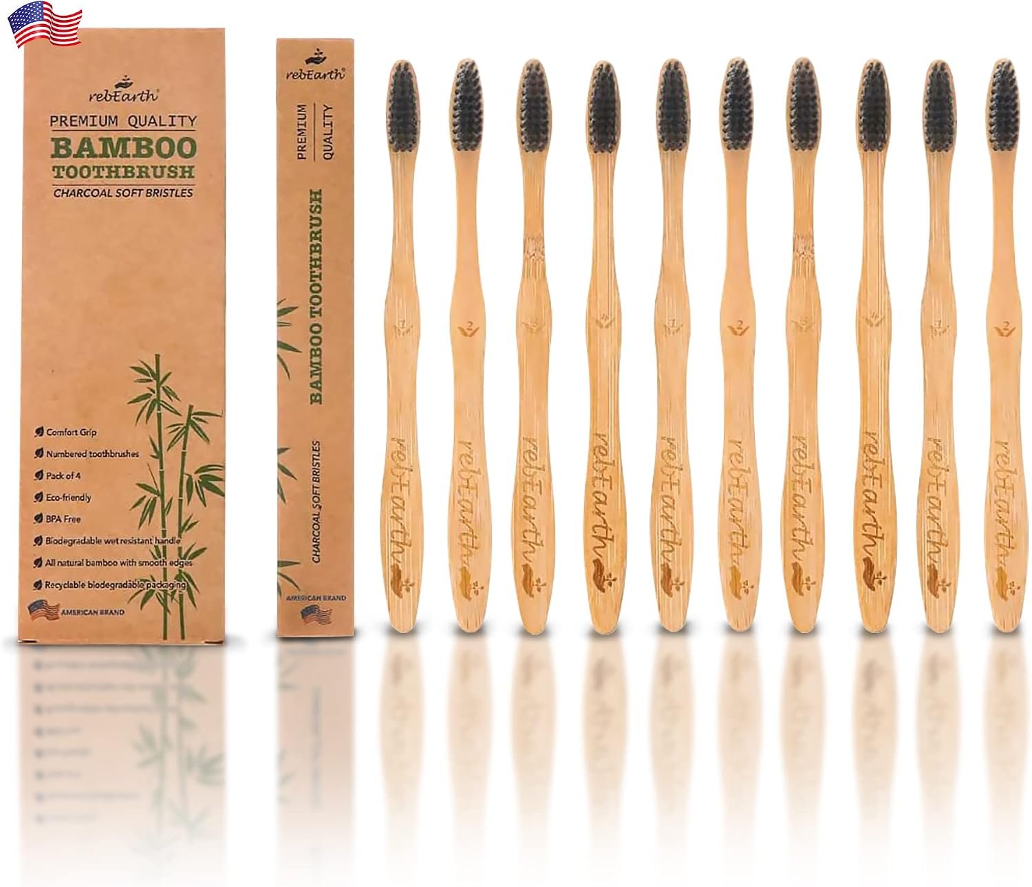 rebEarth Bamboo Toothbrushes 10 Pack – Charcoal Ultra Soft Bristles