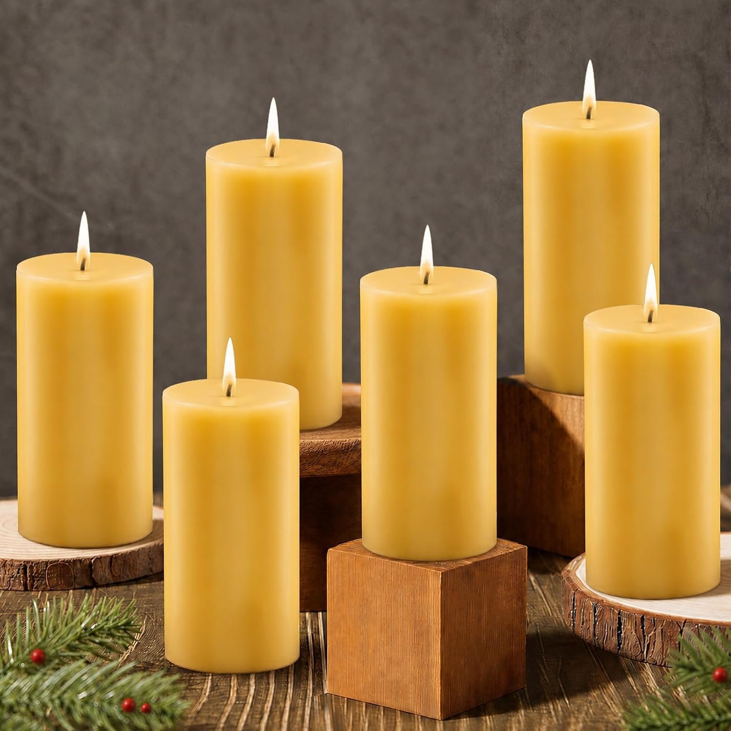 Pure Beeswax Pillar Candles, 240H Long Burning, 2 x 4 in, Unscented, 6 Pack