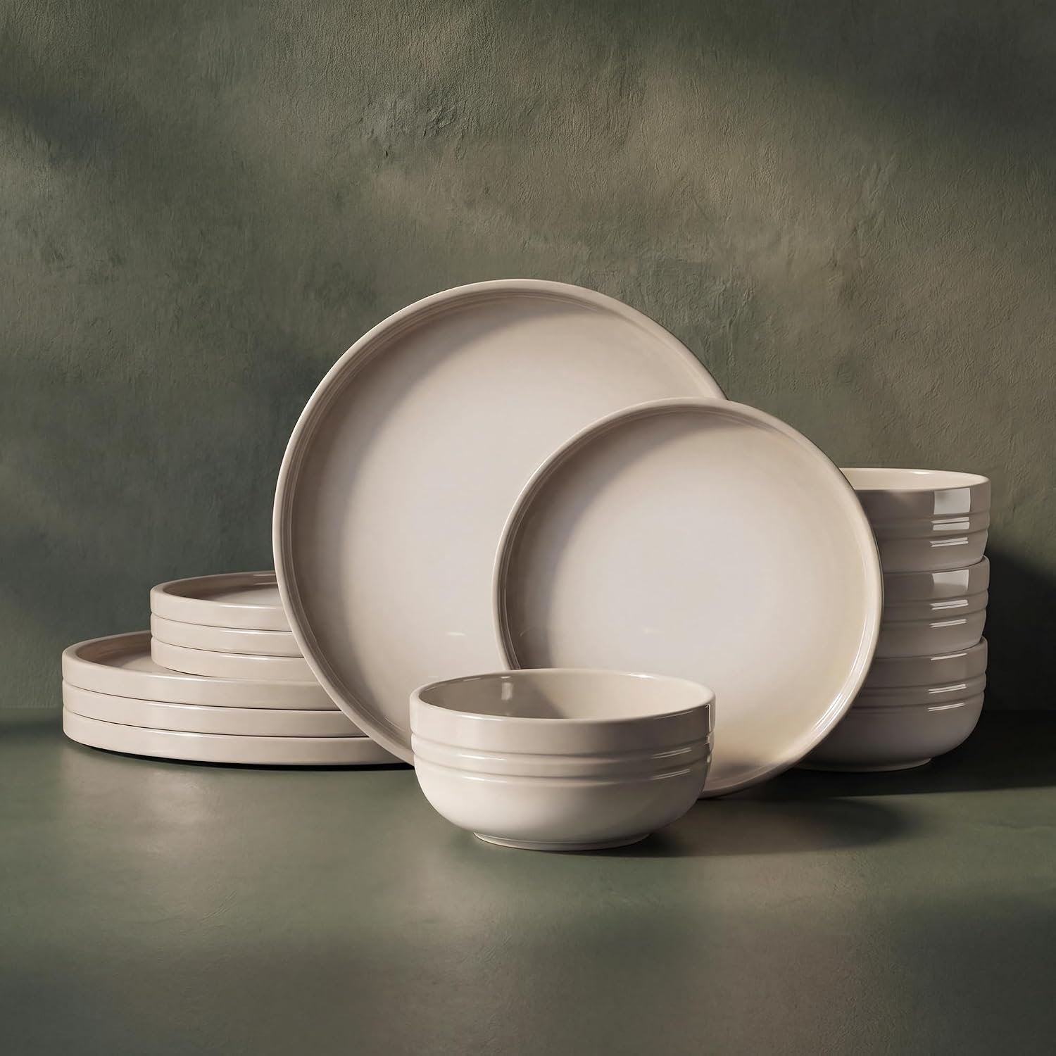 SMIRLY Stoneware Dinnerware Set for 4, 12 pcs Plates and Bowls Set, Cream