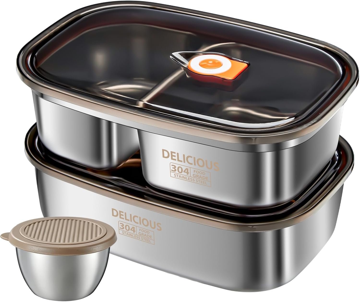 Kabbas 2 Pack Stainless Steel Bento Box with Dressing Cup, 42Oz+57Oz Leakproof Metal Lunch Box for Adult, Lightweight Salad Container for Lunch & Meal Prep, Suitable for Picnic, Work, Outside