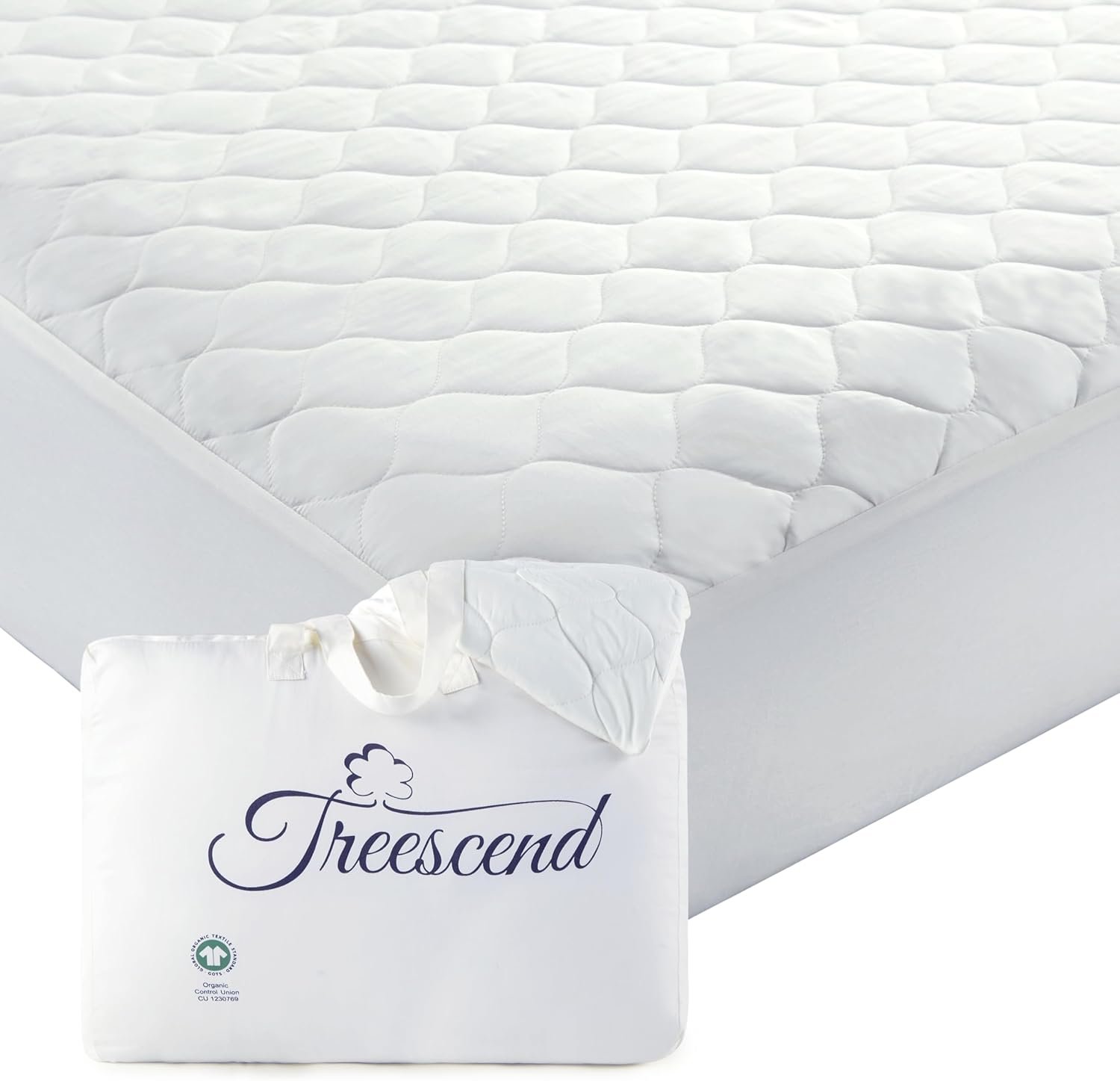 100% Cotton Organic Mattress Protector | Breathable & Noiseless Quilted GOTS Organic Mattress Pad with Premium 300GSM Durability | Machine Washable Bed Protector with Deep Pocket (White, King)