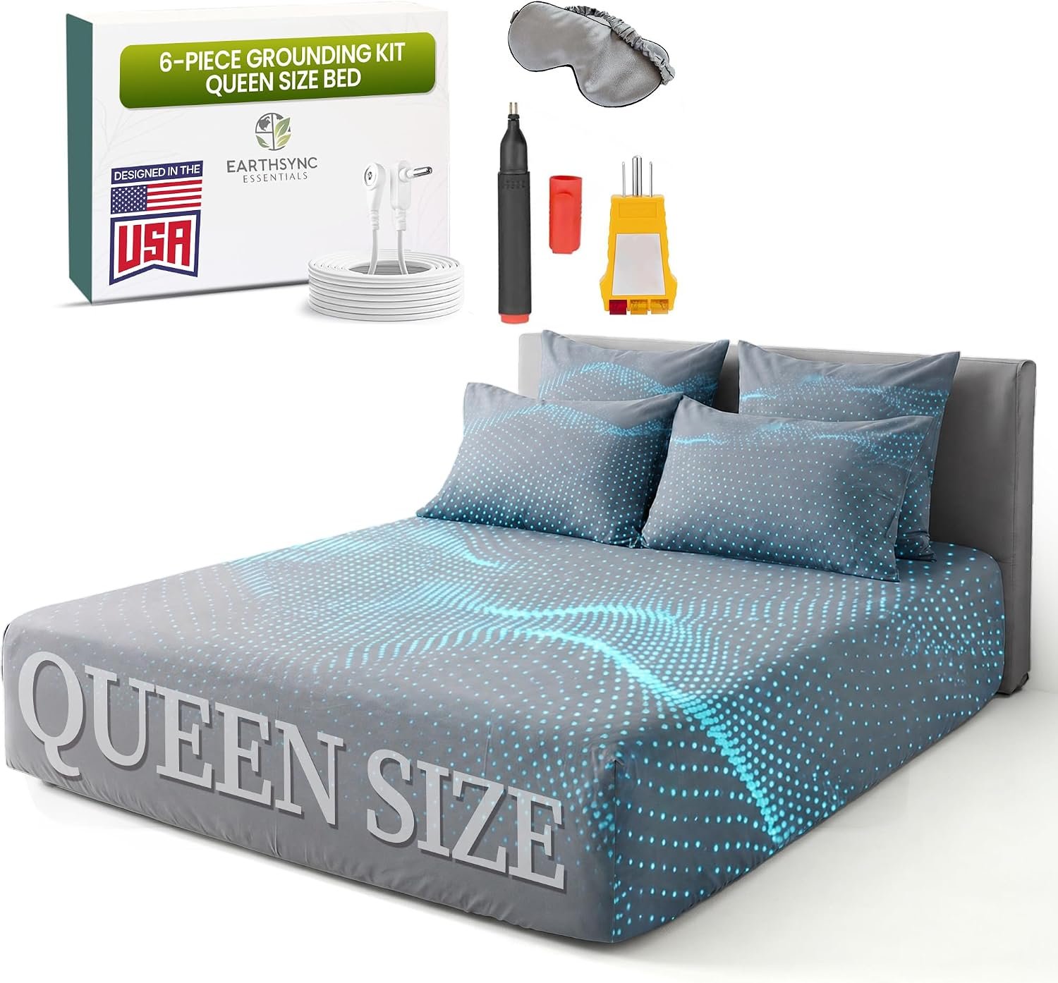 Grounding Sheets Queen, Earthing Fitted Sheet Kit, 10% Silver Fiber, Grey