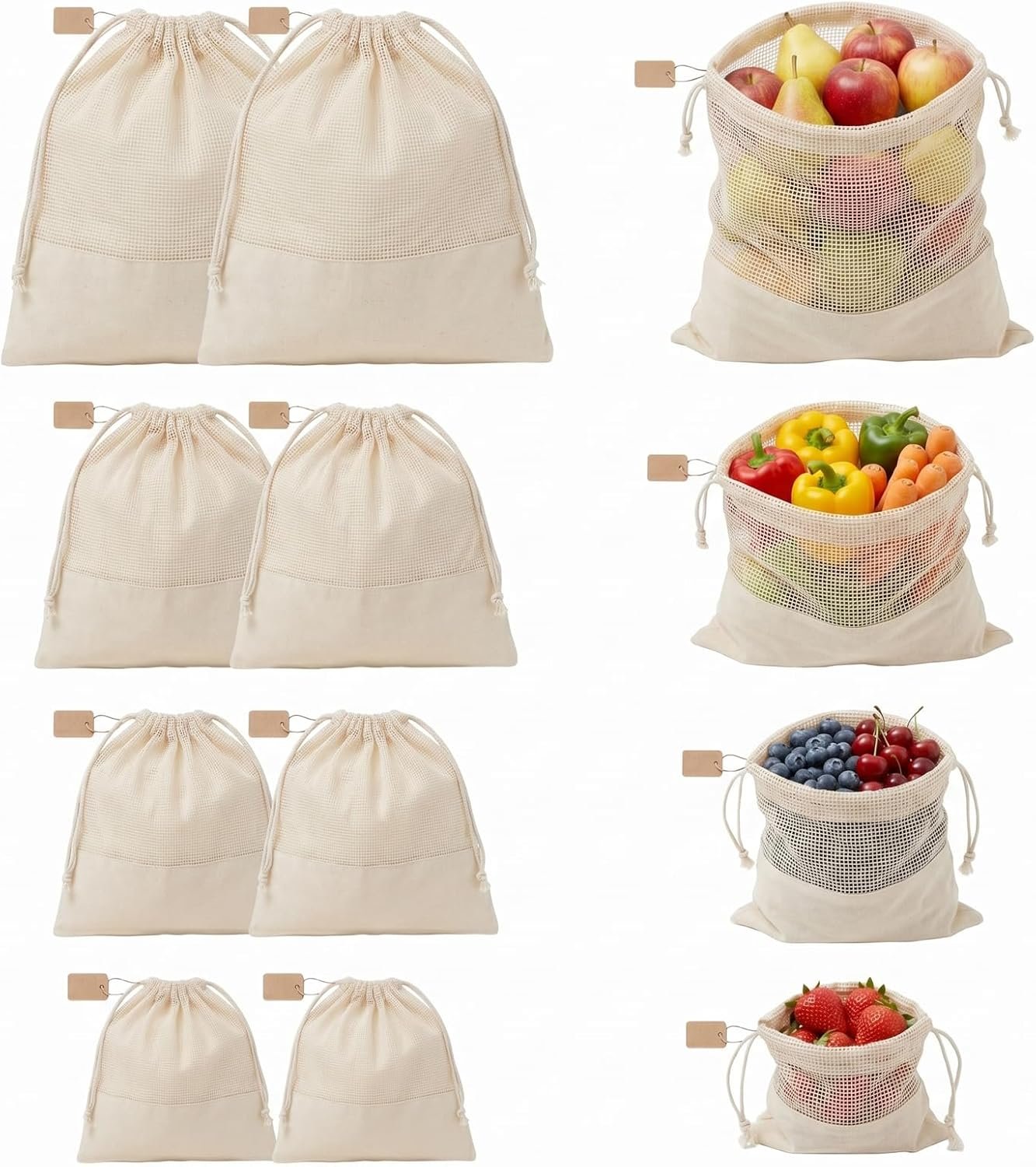 Set of 8 Ambrosia Cotton Produce Bags Drawstring Muslin