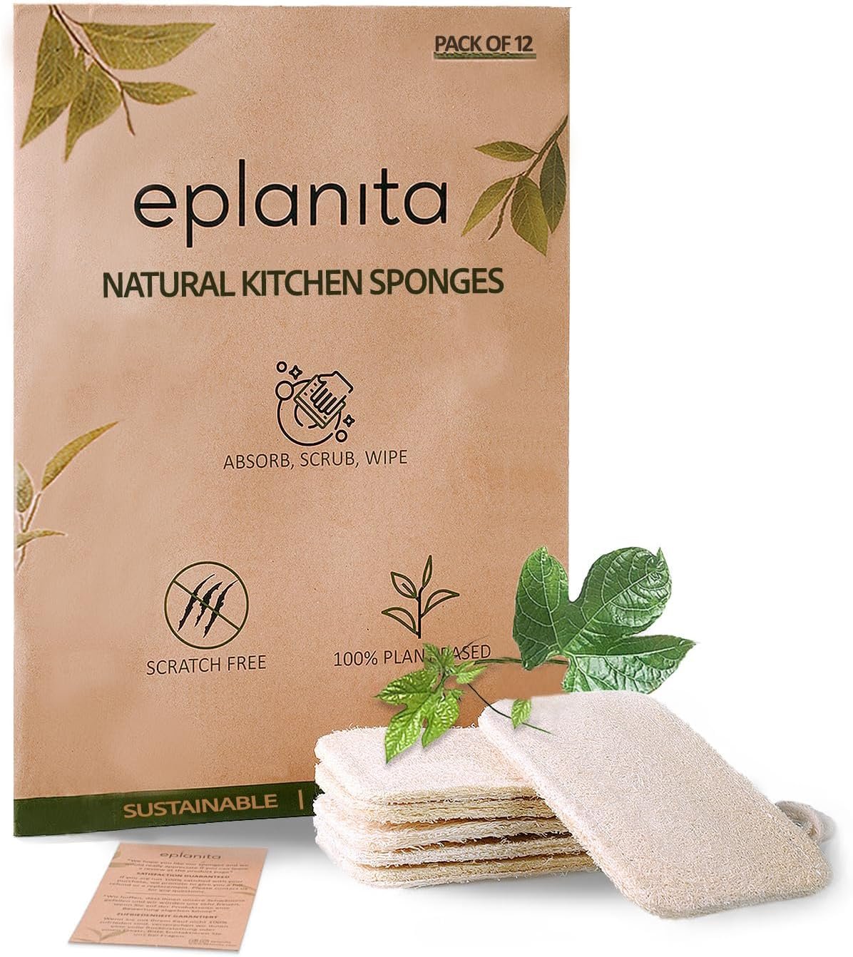eplanita Natural Dishwashing Sponges (Pack of 12), Kitchen Eco Scrub Scourer, Natural Loofah Plant, Biodegradable and Zero Waste