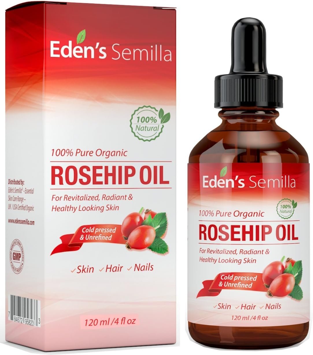 100% Pure Rosehip Oil – 4 OZ – Certified ORGANIC – Cold pressed & unrefined – NON Greasy HIGH absorbency – Use daily – nourishes, hydrates and visibly reduces fine lines, scars, stretch marks and skin