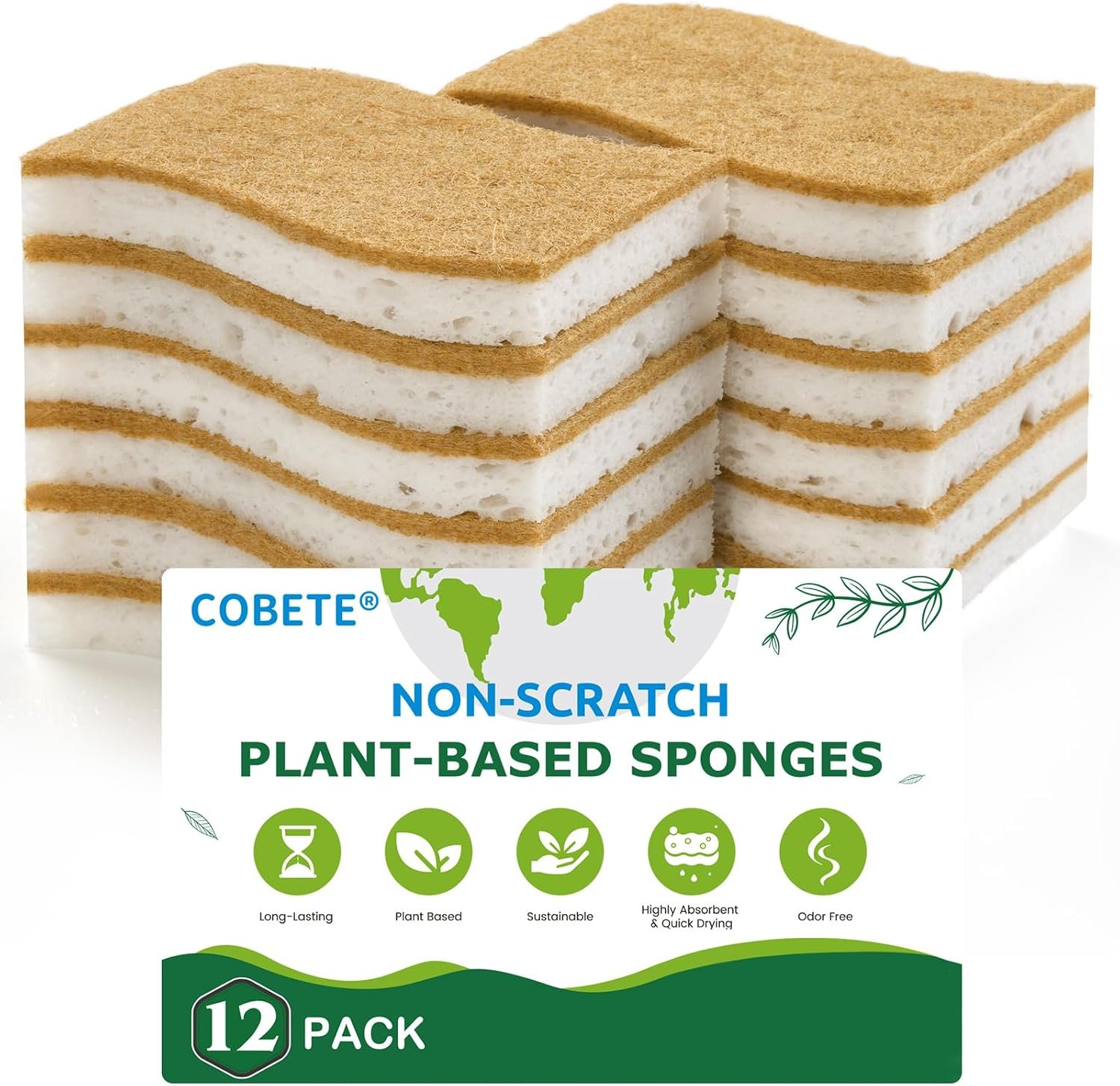 COBETE 12 Pack Natural Biodegradable Kitchen Non Scratch Sponges,Compostable Plant Based Coconut Cellulose Sponge,Eco Friendly Reusable Dish Scrubber Sponge for Pots, Pans & Household Cleaning