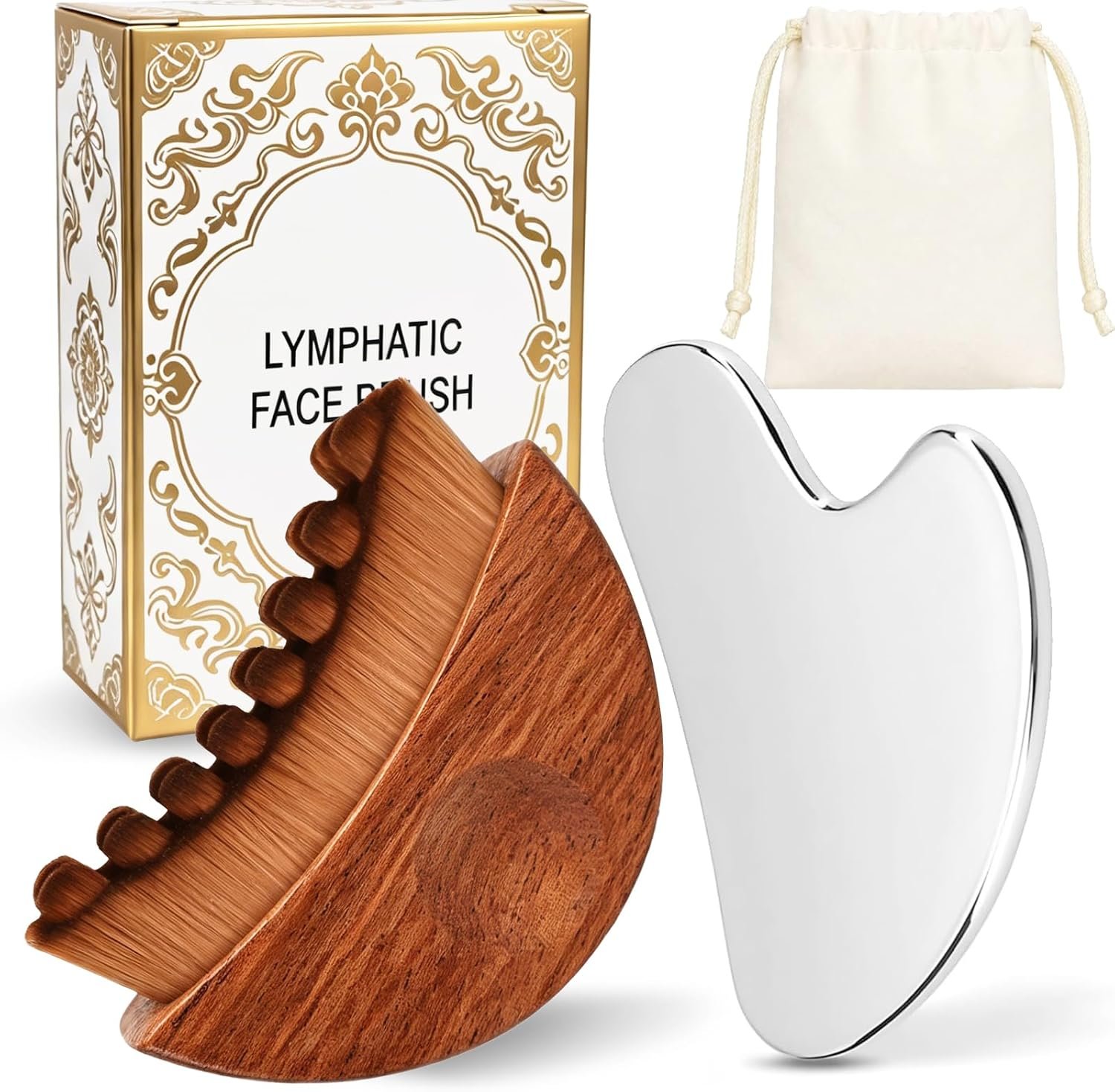 Wood Handle Lymphatic Contour Face Brush Stainless Steel Facial Gua Sha Tool Set, for Lymphatic Drainage, Sculpting Massage, Anti-Puffiness, Detox and Lifting