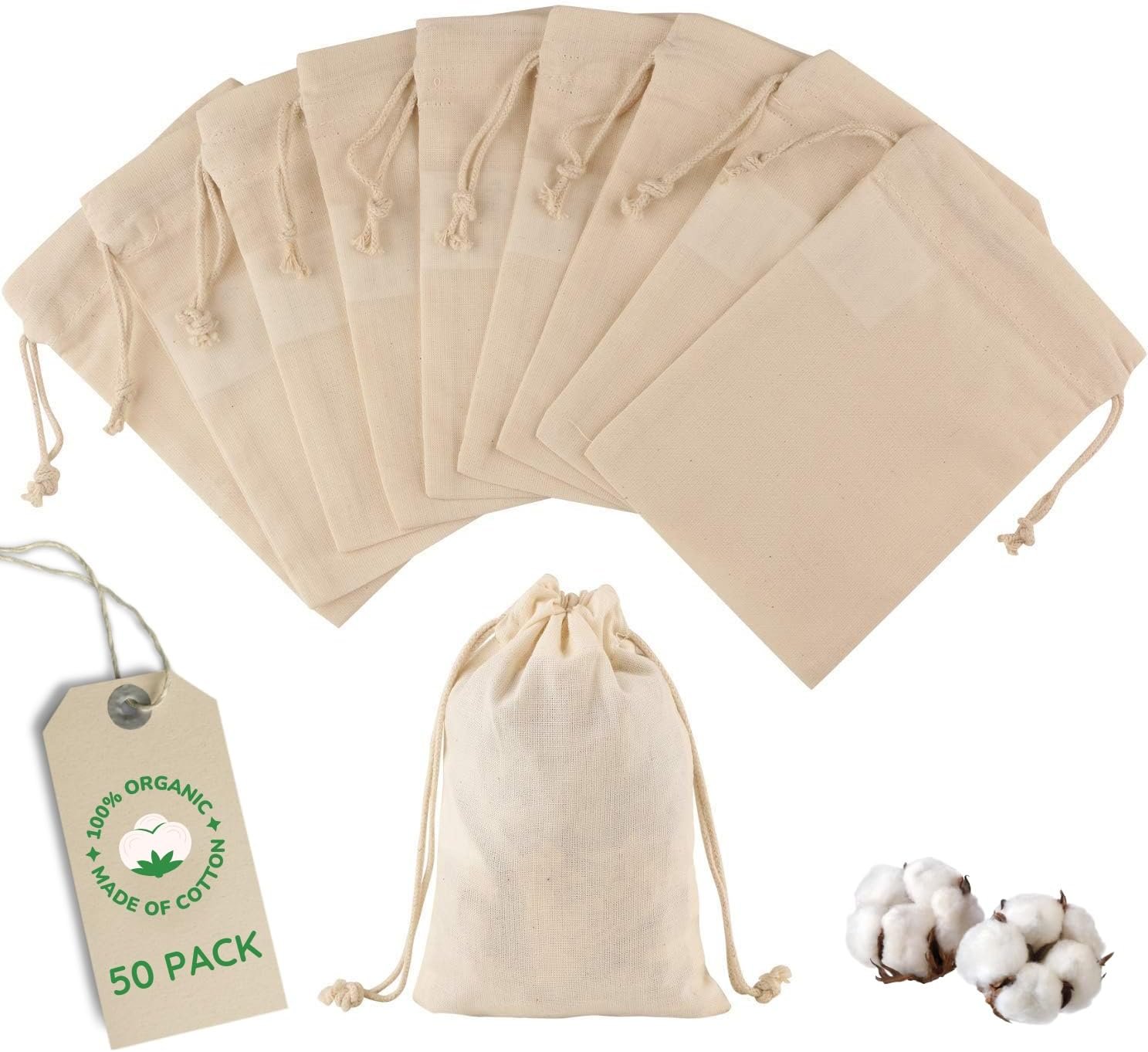 Greenmile 50 Pieces Organic Cotton Muslin Bags 4×6 Inch