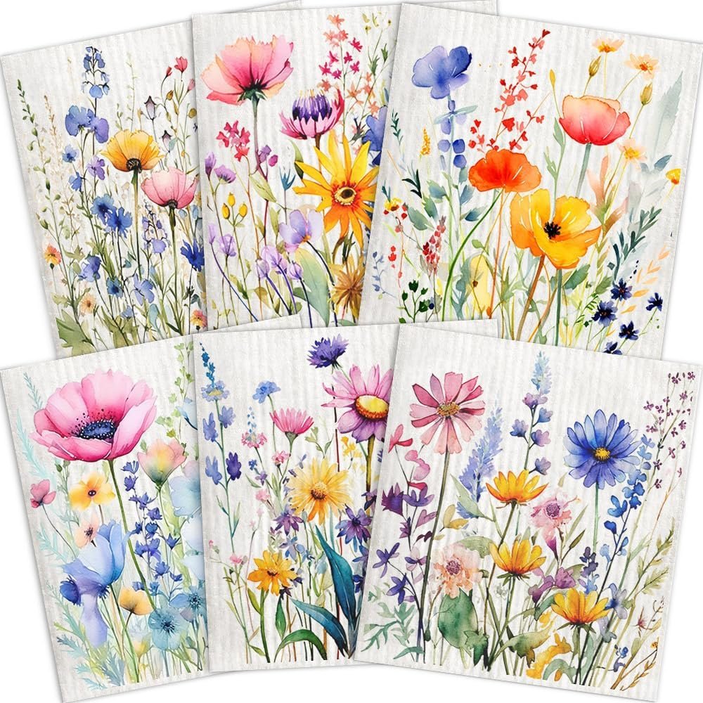 Swedish Dishcloths for Kitchen – 6 Pack Cellulose Reusable Cleaning Paper Towels – Soft, Quick-Drying, Washable Dish Rags for Kitchen, Counters & More (Flower)
