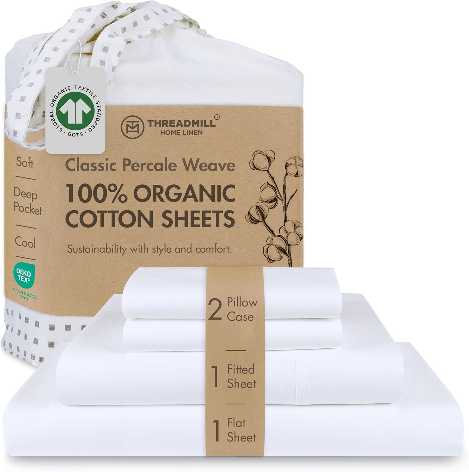 Threadmill 100% Organic Cotton Sheets for Queen Size Bed | GOTS Certified – Percale Sheets Queen – Soft Cooling Sheet – Deep Pockets | 4 Piece Set