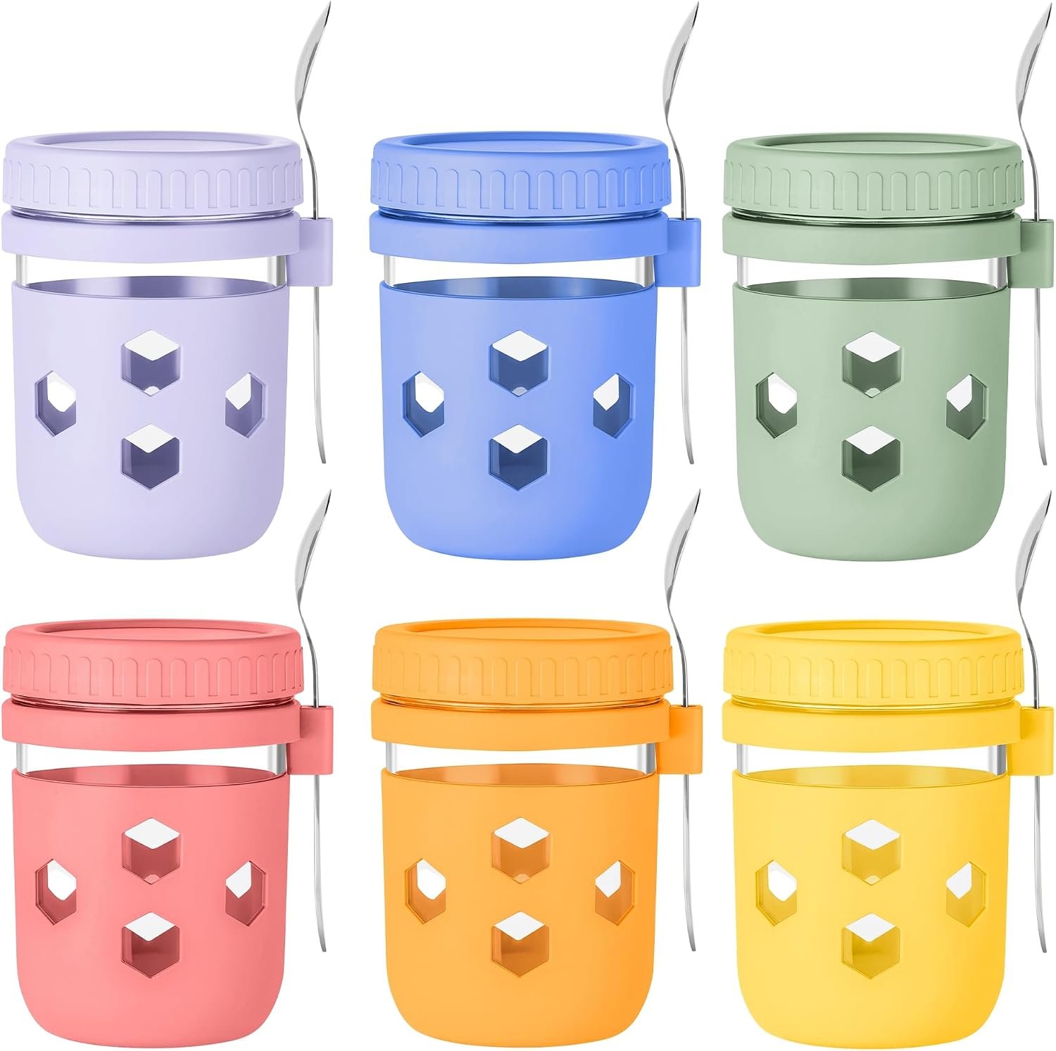 Gemice 6-Pack Overnight Oats Containers with Silicone Sleeves and Spoons, BPA-Free 16 oz Glass Mason Jars with Airtight Lids, Dishwasher Safe Overnight Oats Jars for Chia Pudding, Yogurt Meal Prep