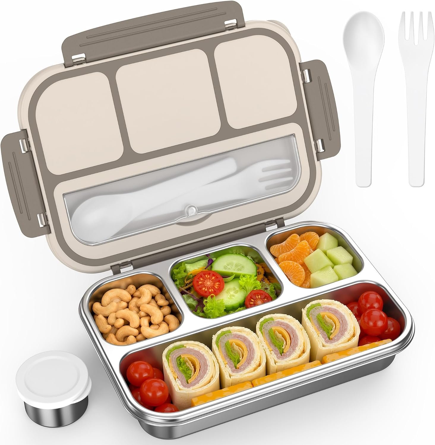 Stainless Steel Bento Box Adult Teens, Leakproof Metal Lunch Box Containers 4 Compartments, 32 Oz Reusable Food Storage Containers for Office and School, Brown