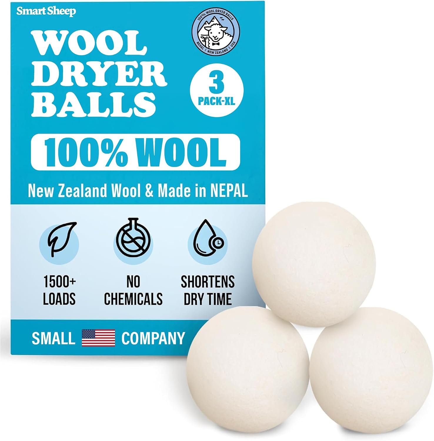 Wool Dryer Balls – Smart Sheep 3-Pack – XL Premium Natural Fabric Softener Award-Winning – Wool Balls Replaces Dryer Sheets – Laundry Balls